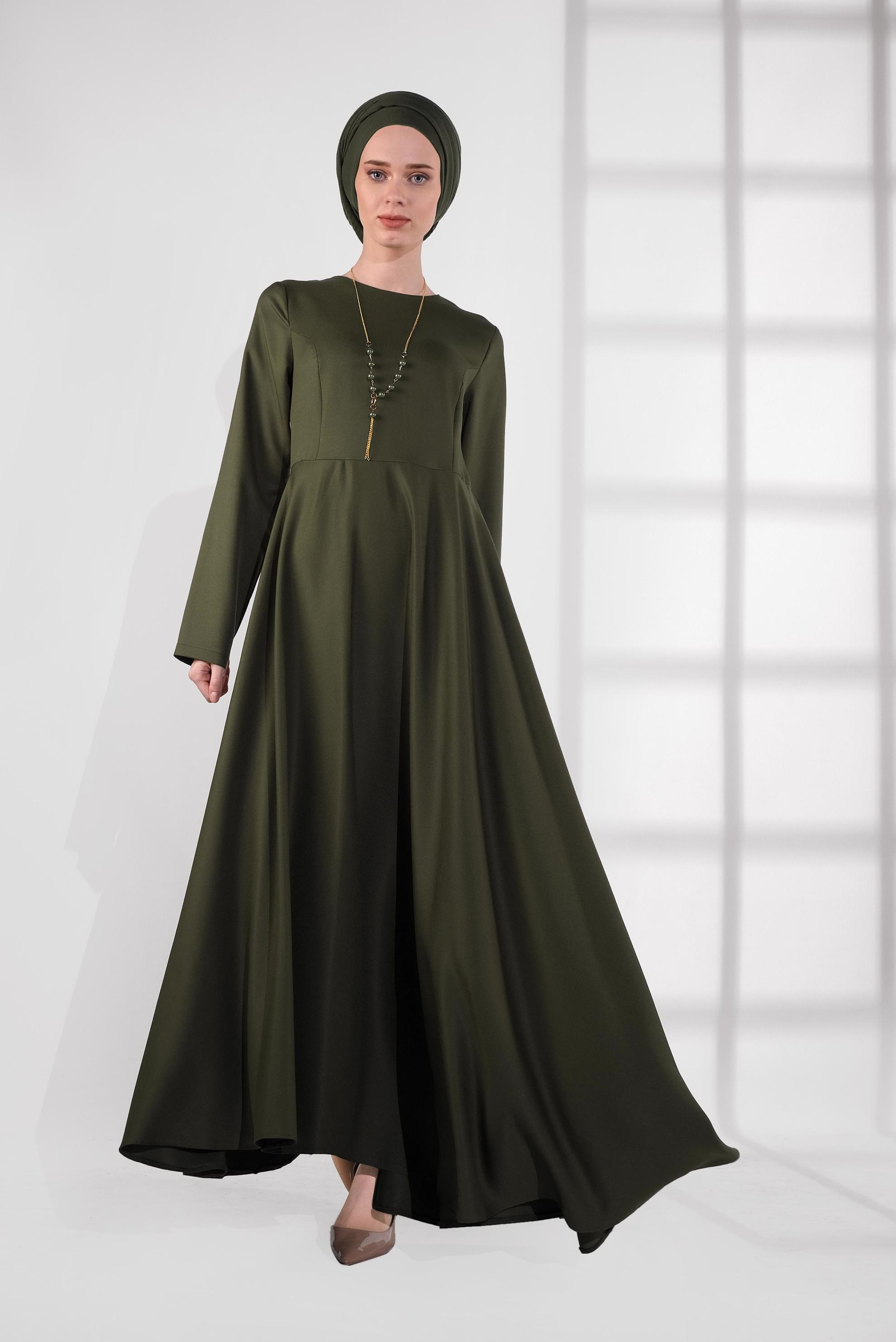 Tesettür giyim HAKİ ETEĞİ VOLANLI ELBİSE 4060