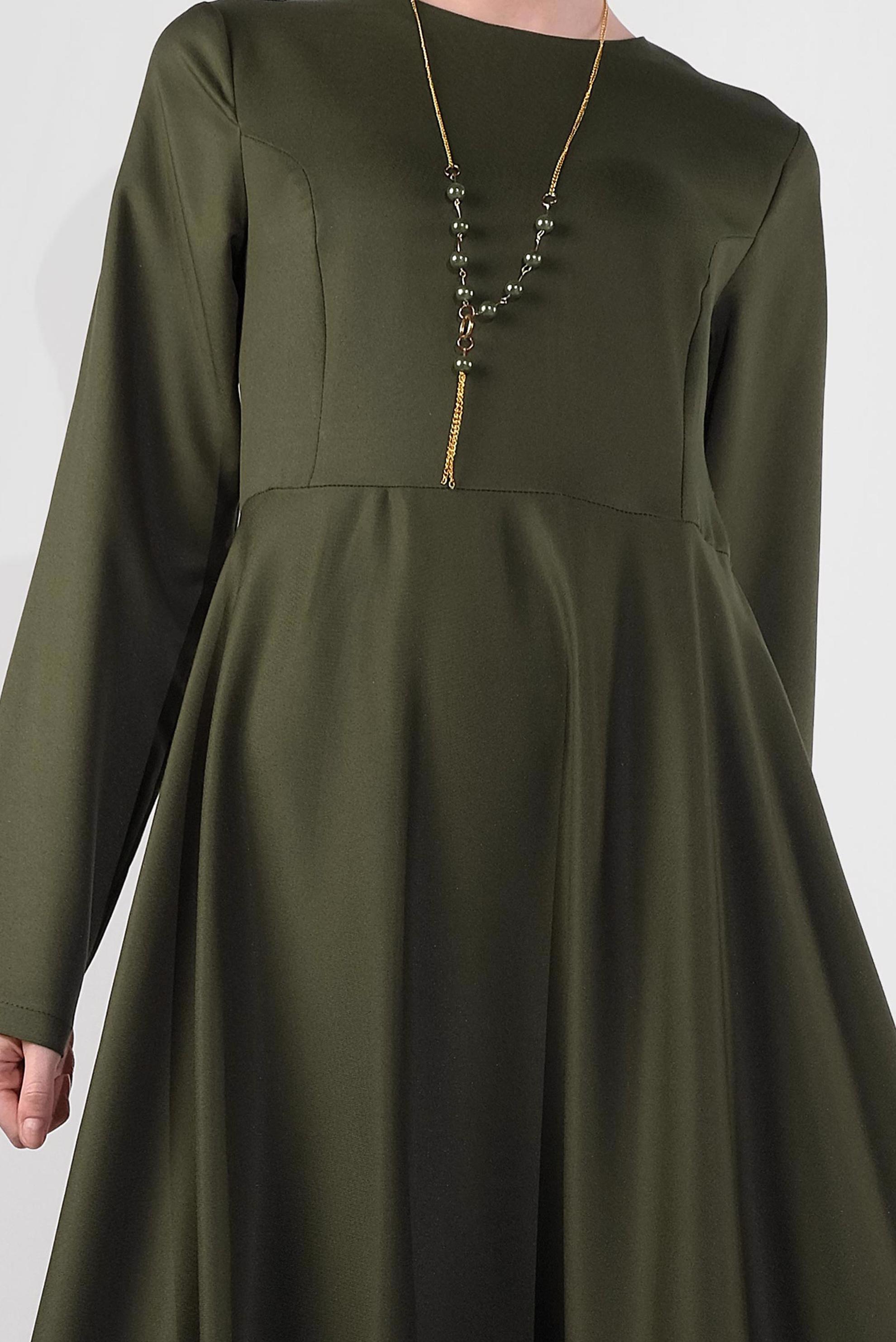 Tesettür giyim HAKİ ETEĞİ VOLANLI ELBİSE 4060