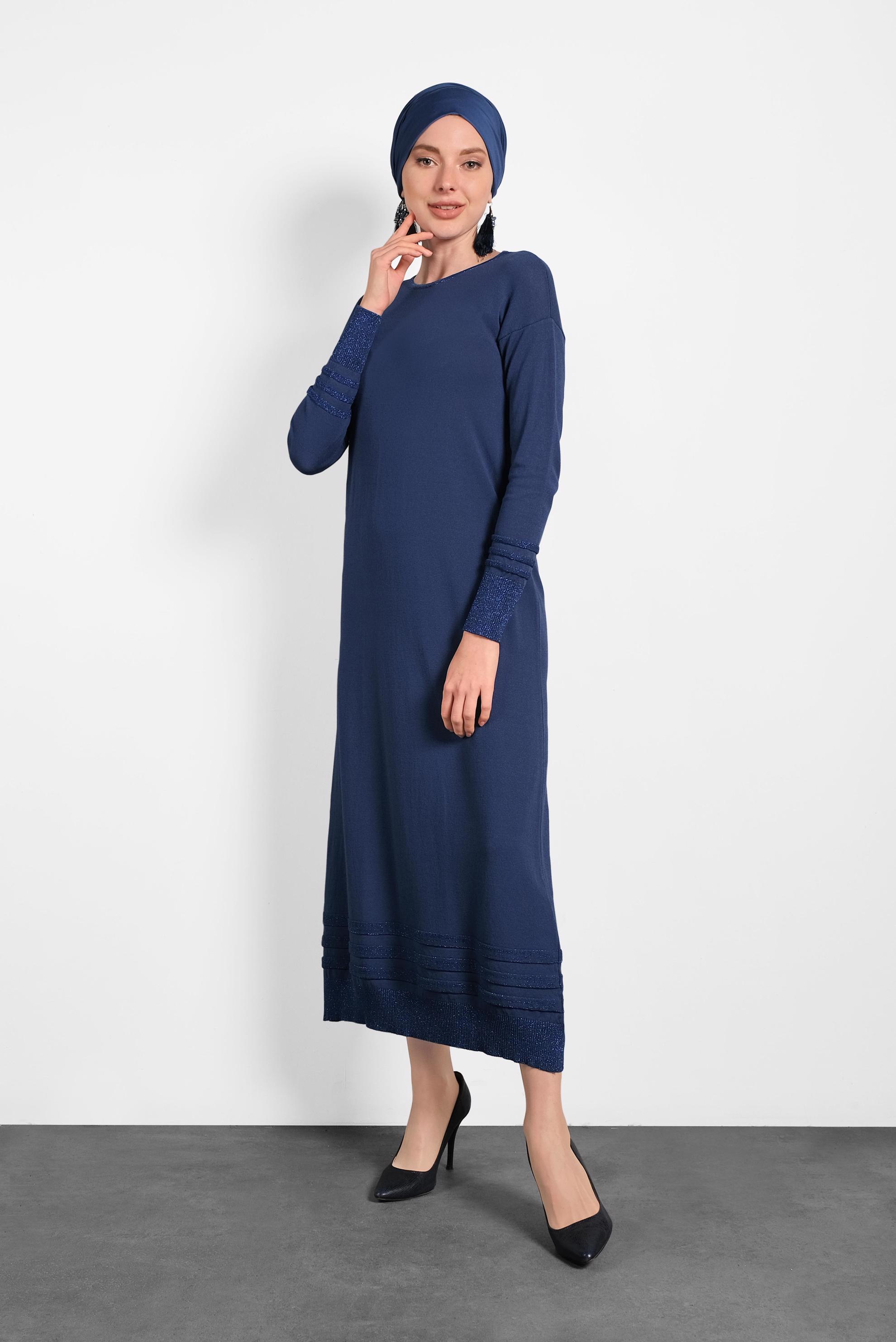 Tesettür giyim LACİVERT SİMLİ İNCE TRİKO ELBİSE 4137