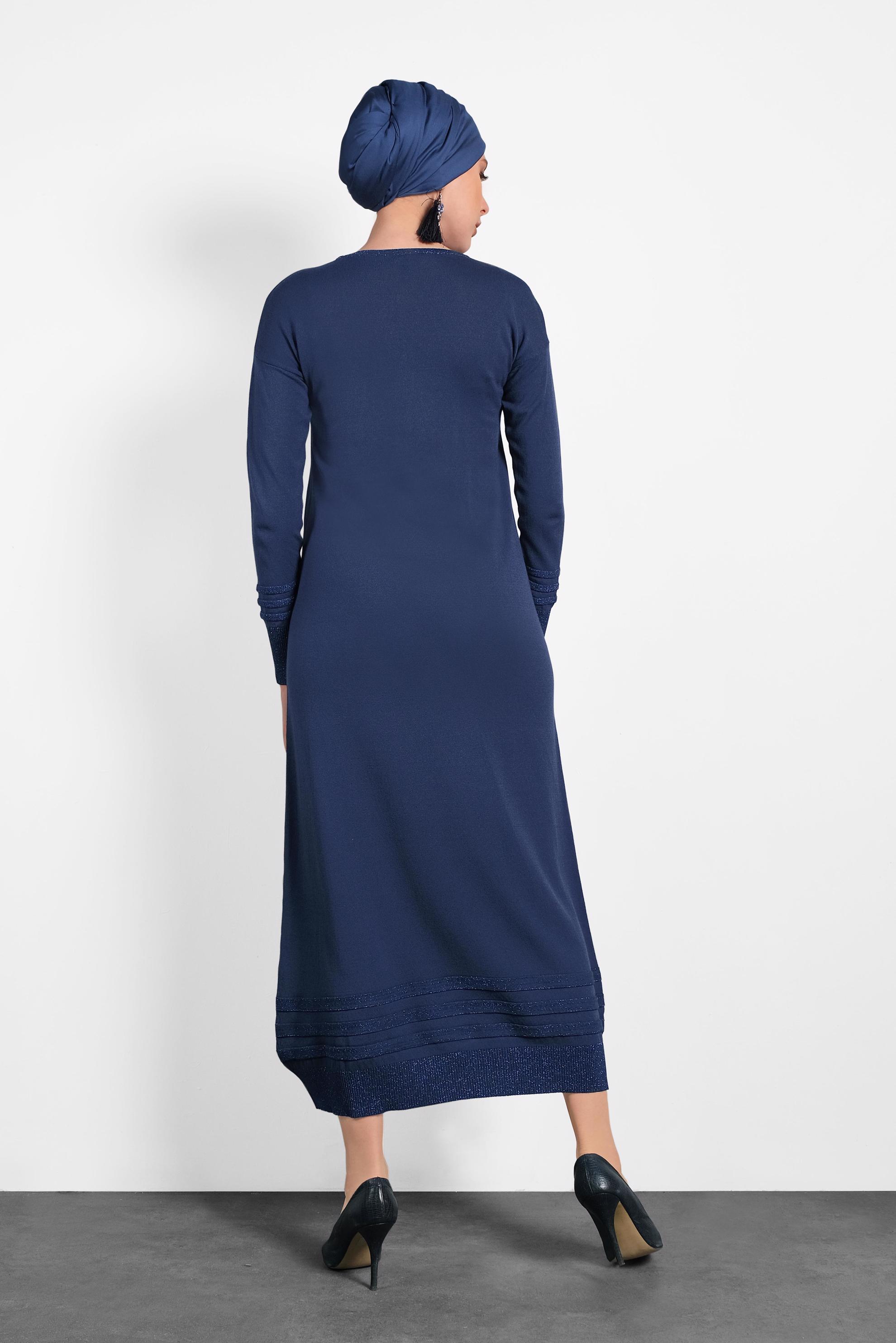 Tesettür giyim LACİVERT SİMLİ İNCE TRİKO ELBİSE 4137