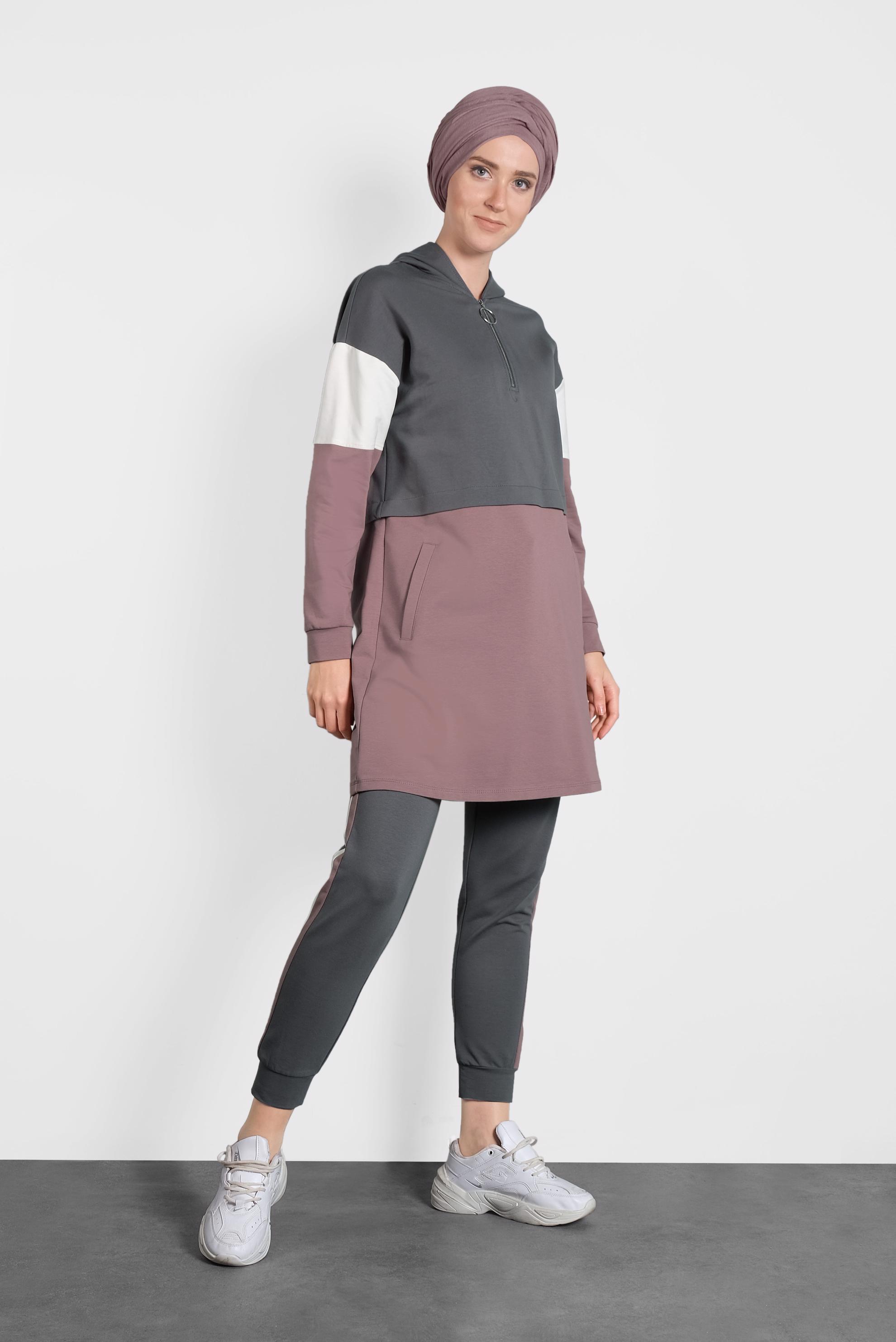 Tesettür giyim GRİ ŞERİT DETAYLI FERMUARLI KAPÜŞONLU İKİLİ EŞOFMAN TAKIMI 40102