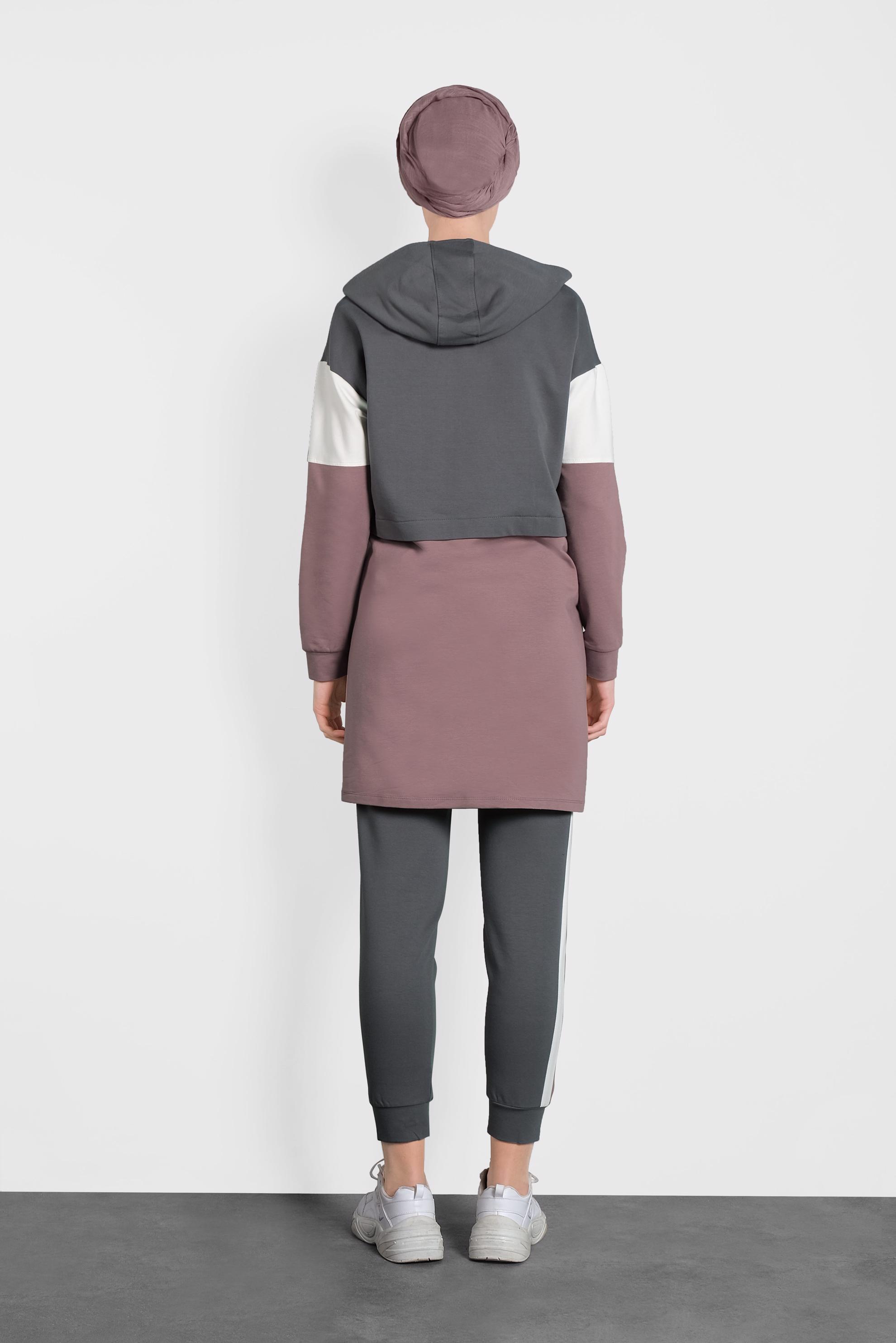 Tesettür giyim GRİ ŞERİT DETAYLI FERMUARLI KAPÜŞONLU İKİLİ EŞOFMAN TAKIMI 40102