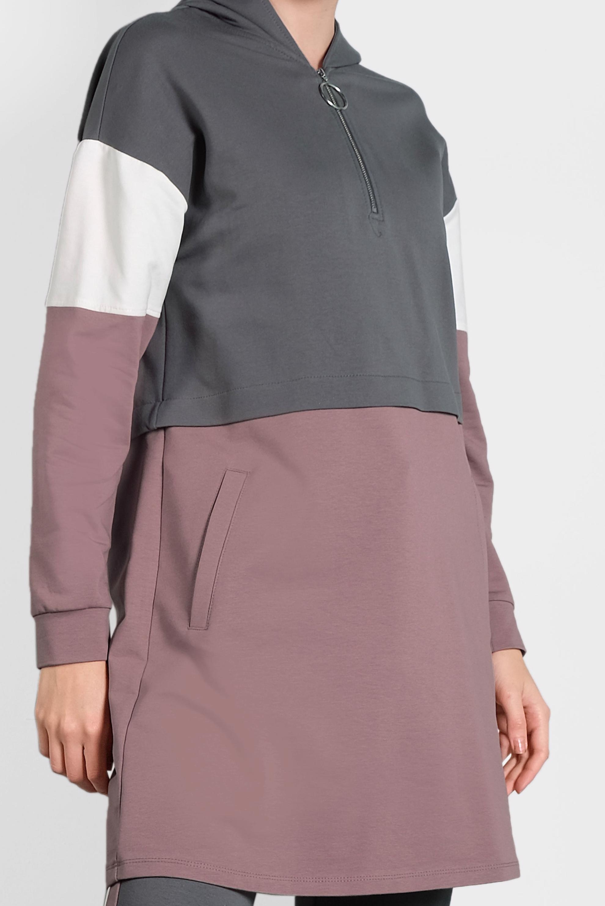 Tesettür giyim GRİ ŞERİT DETAYLI FERMUARLI KAPÜŞONLU İKİLİ EŞOFMAN TAKIMI 40102