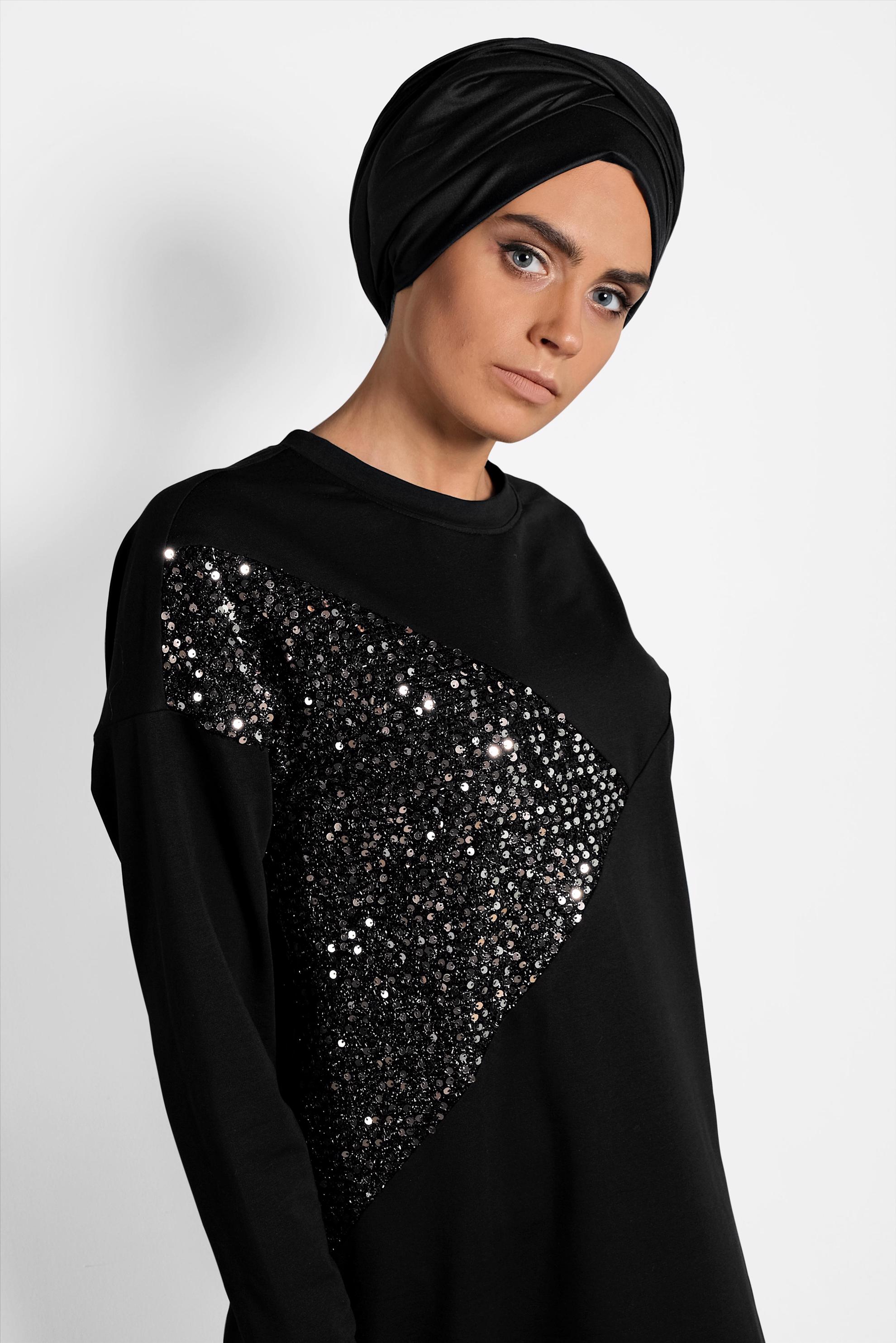 Tesettür giyim SİYAH PUL PAYETLİ EŞOFMAN TUNİK 40103	