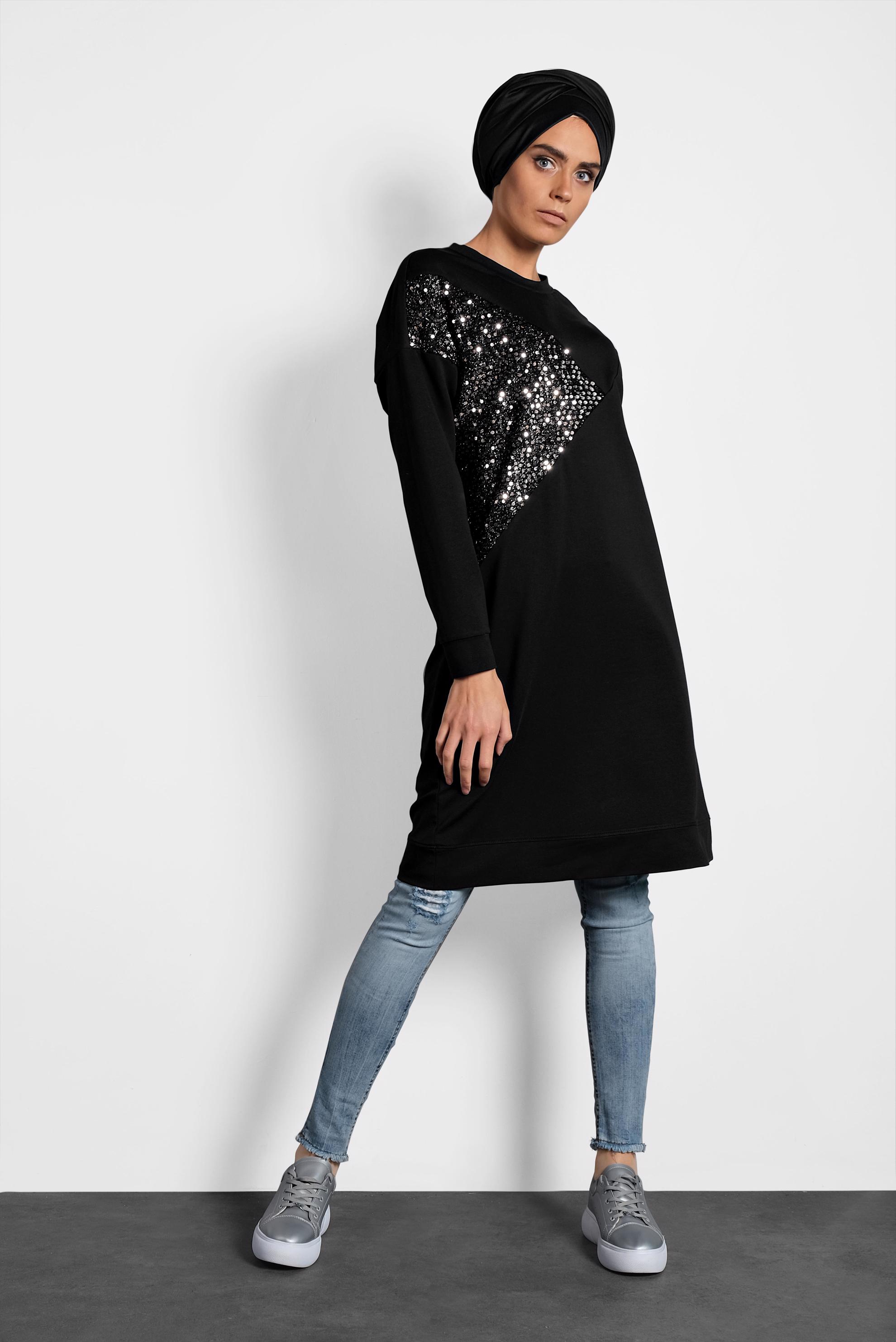 Tesettür giyim SİYAH PUL PAYETLİ EŞOFMAN TUNİK 40103	