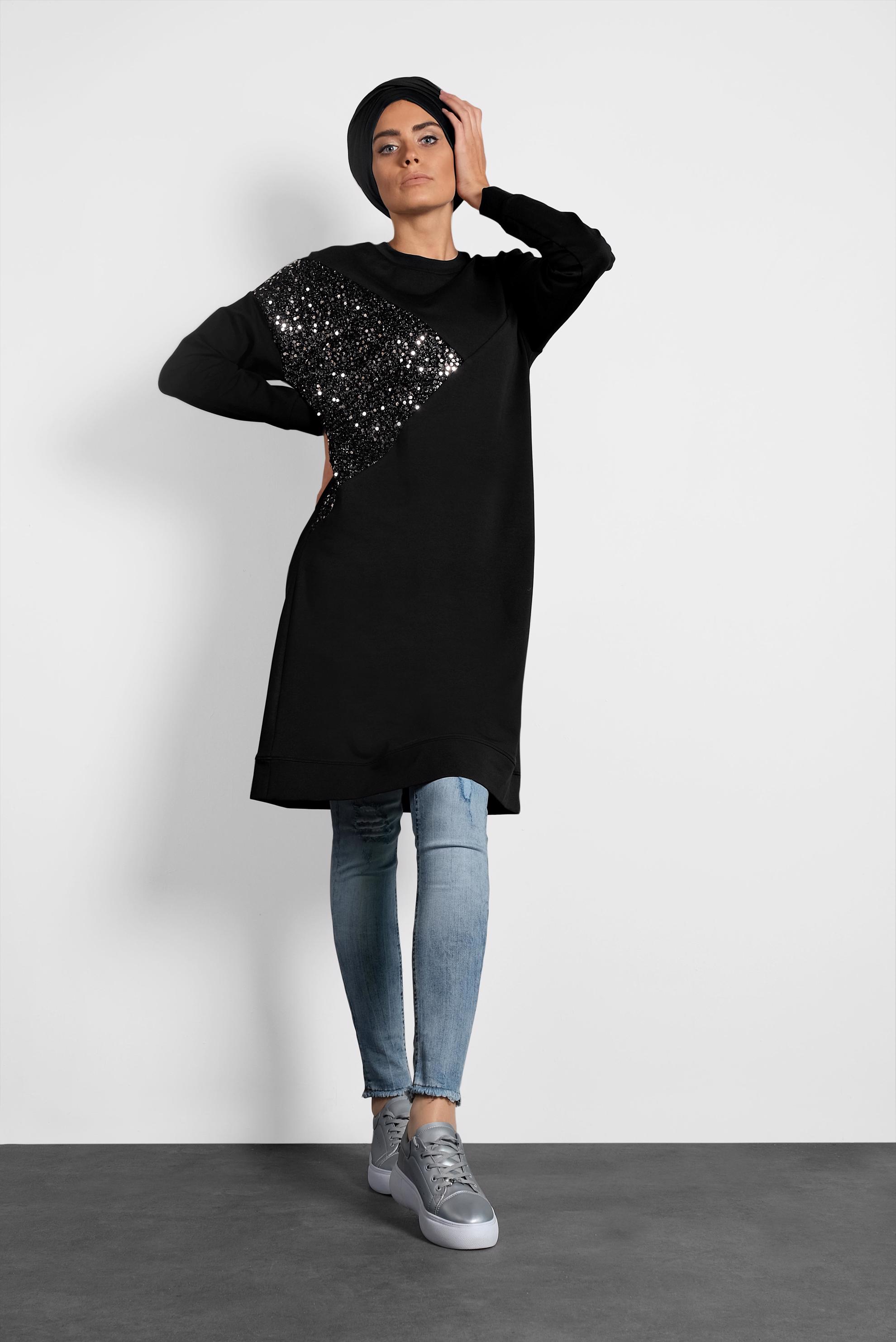 Tesettür giyim SİYAH PUL PAYETLİ EŞOFMAN TUNİK 40103	