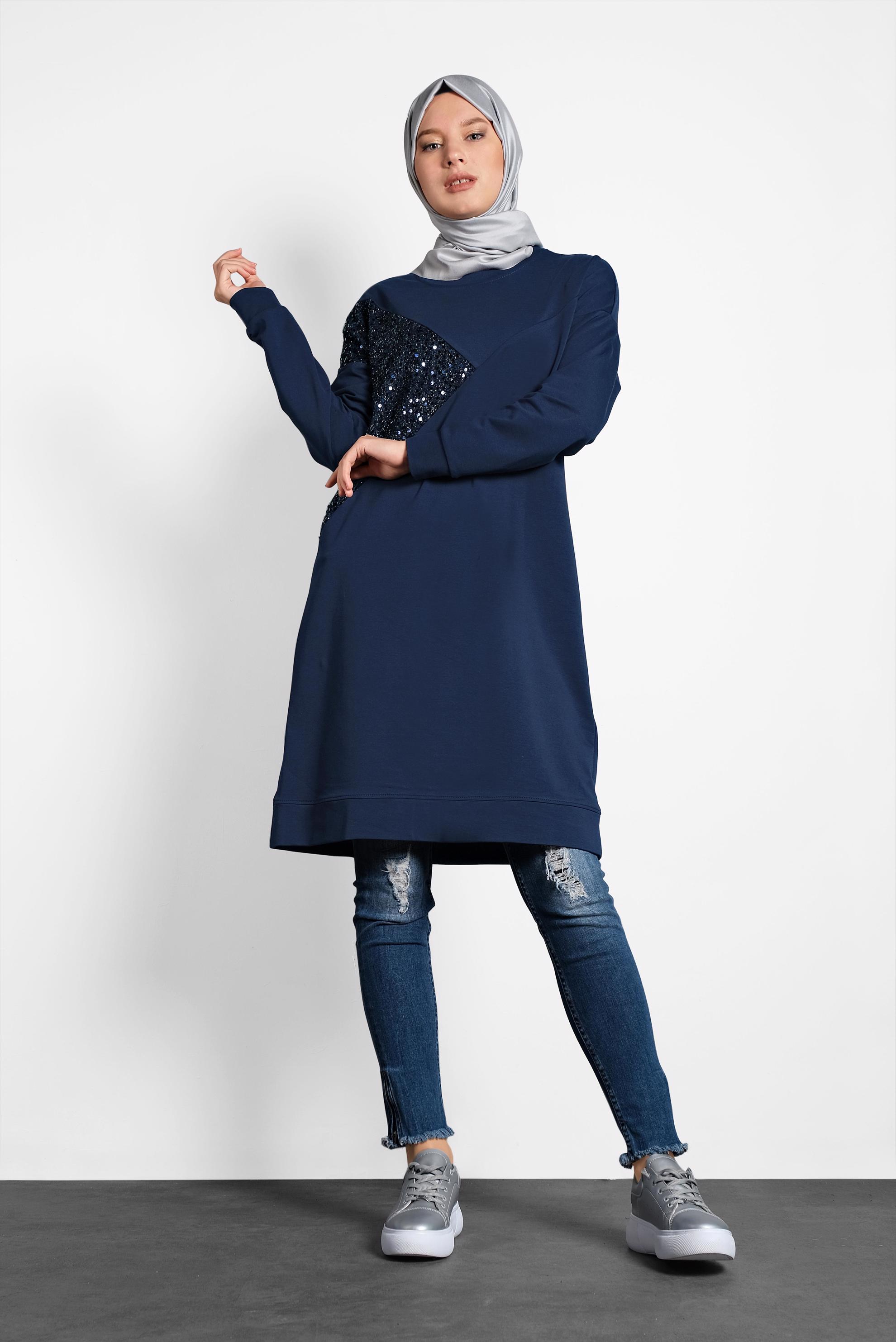 Tesettür giyim LACİVERT PUL PAYETLİ EŞOFMAN TUNİK 40103	