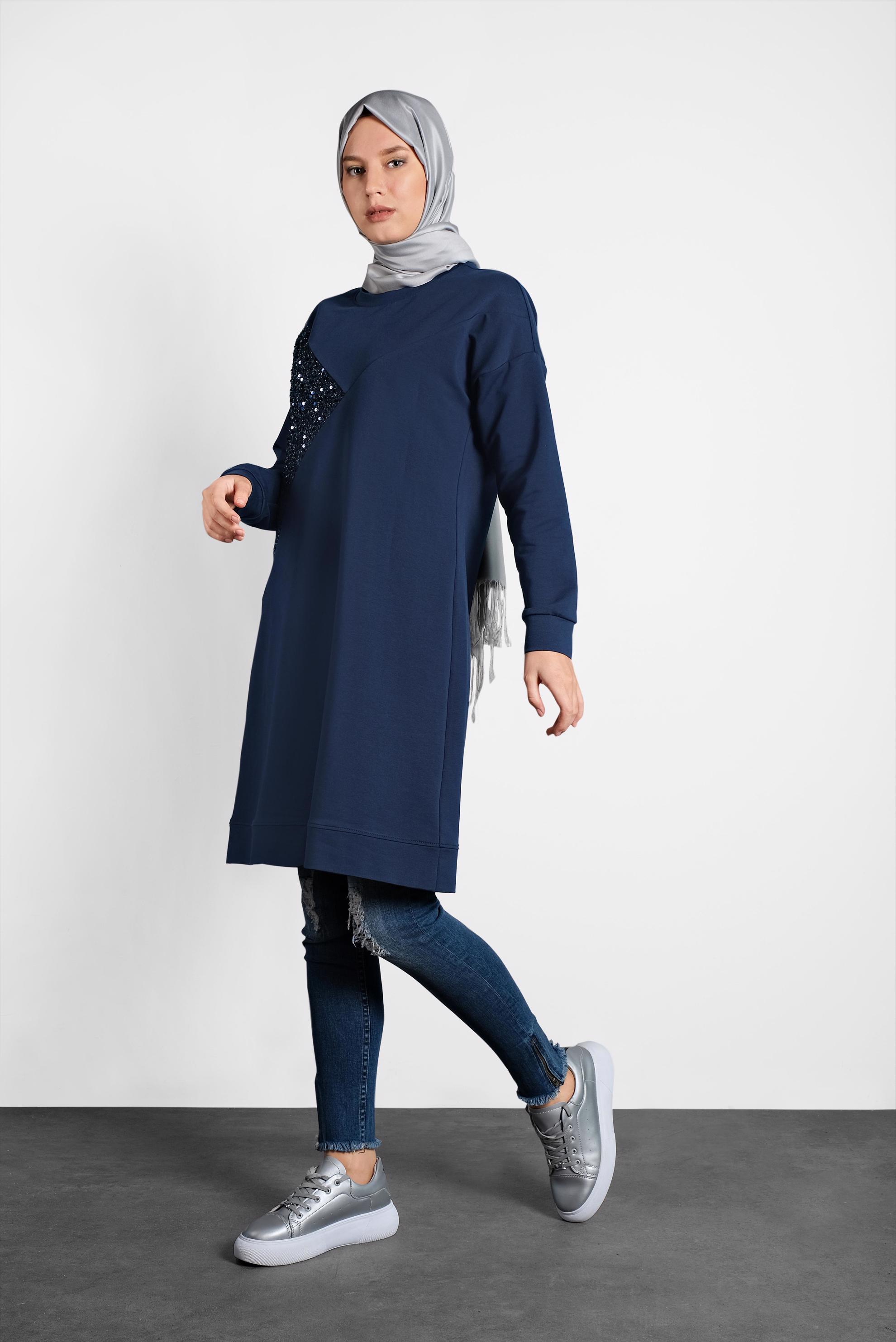 Tesettür giyim LACİVERT PUL PAYETLİ EŞOFMAN TUNİK 40103	