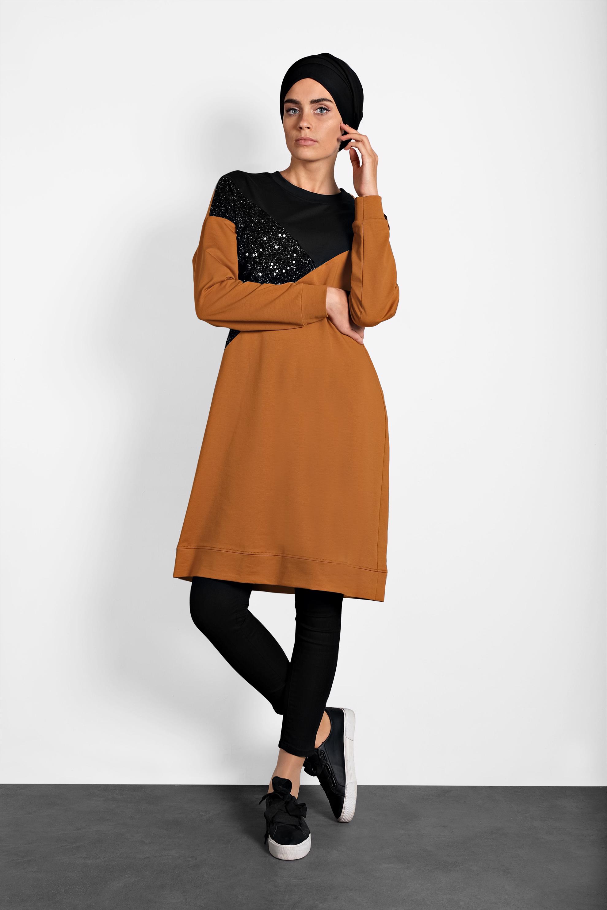 Tesettür giyim SARI PUL PAYETLİ EŞOFMAN TUNİK 40103	