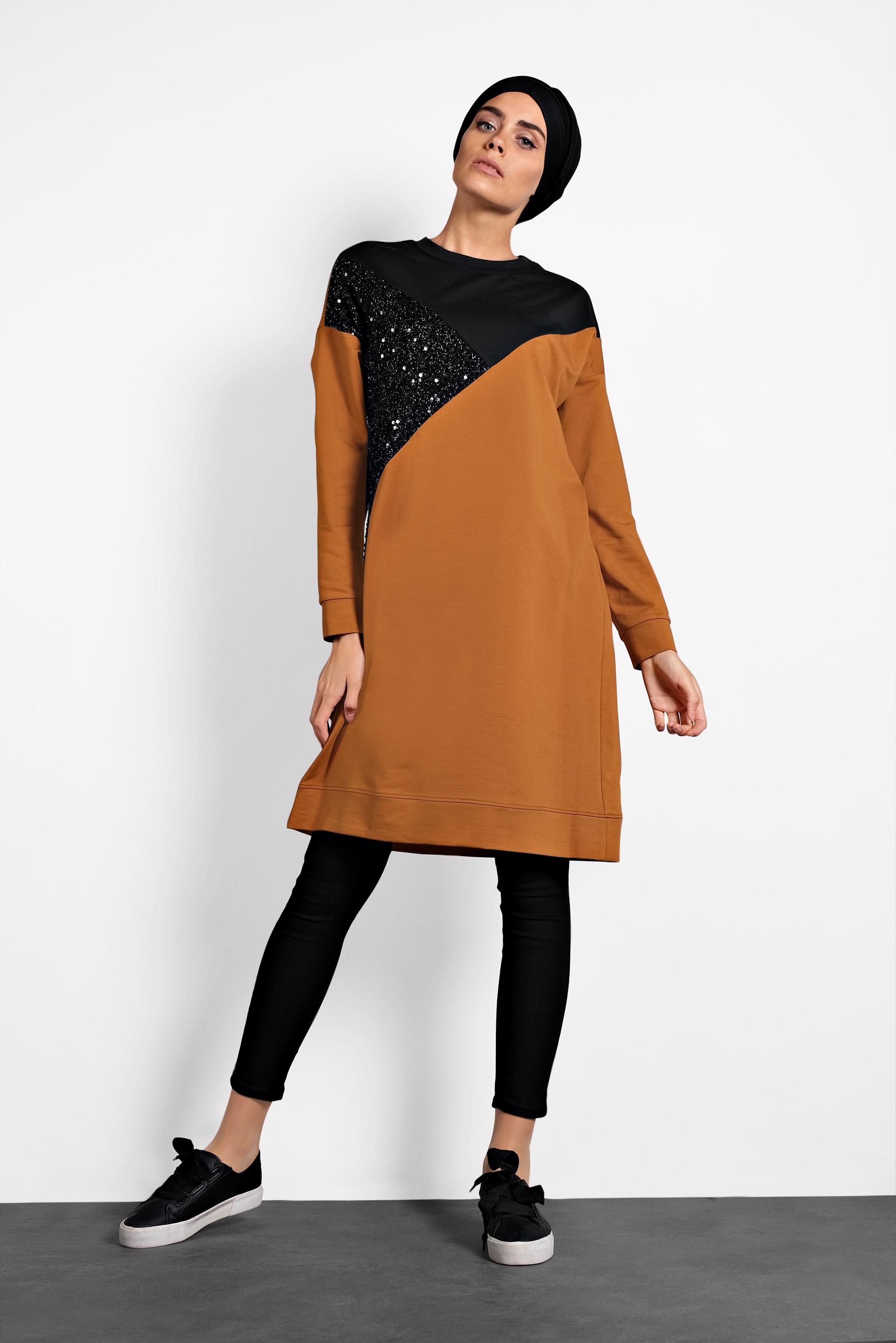 Tesettür giyim SARI PUL PAYETLİ EŞOFMAN TUNİK 40103	