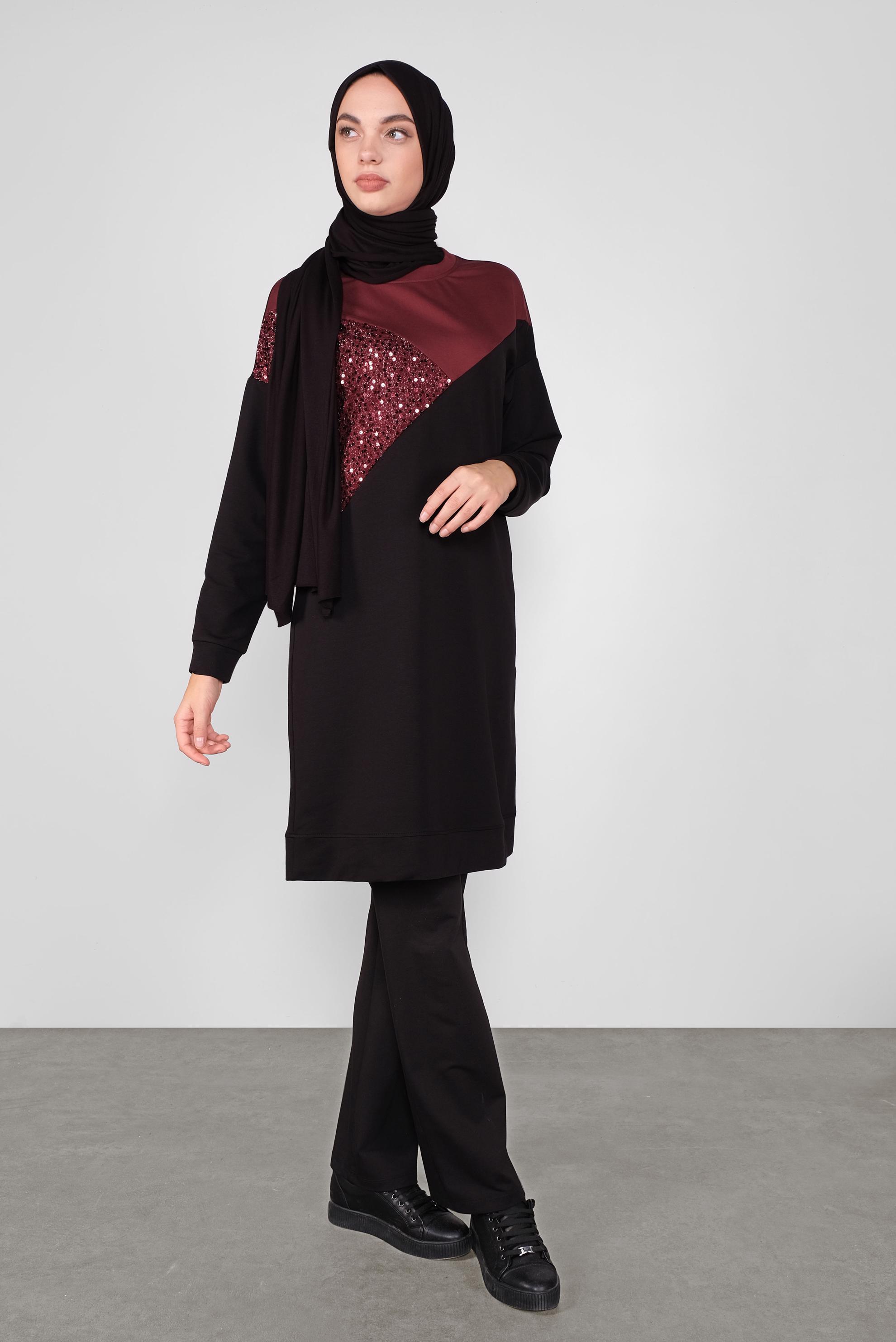 Tesettür giyim SİYAH PUL PAYETLİ EŞOFMAN TUNİK 40103	