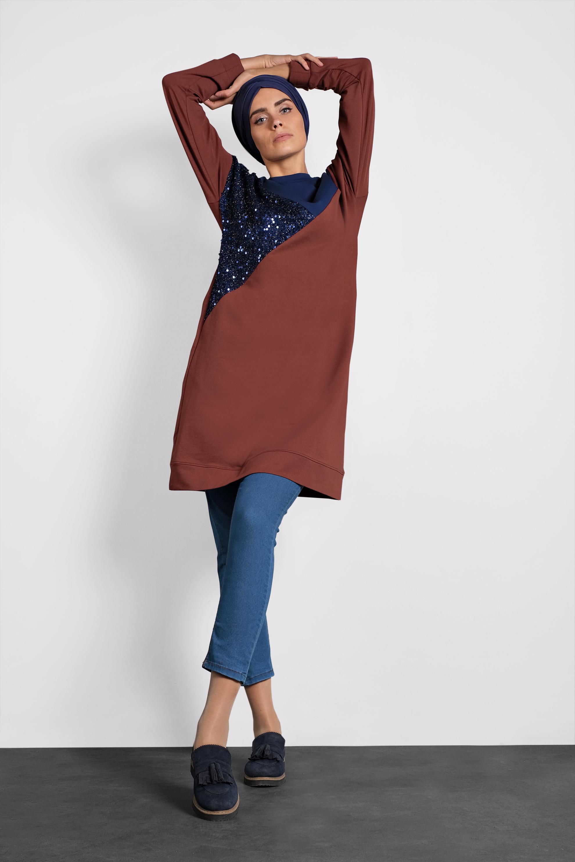 Tesettür giyim BORDO PUL PAYETLİ EŞOFMAN TUNİK 40103	