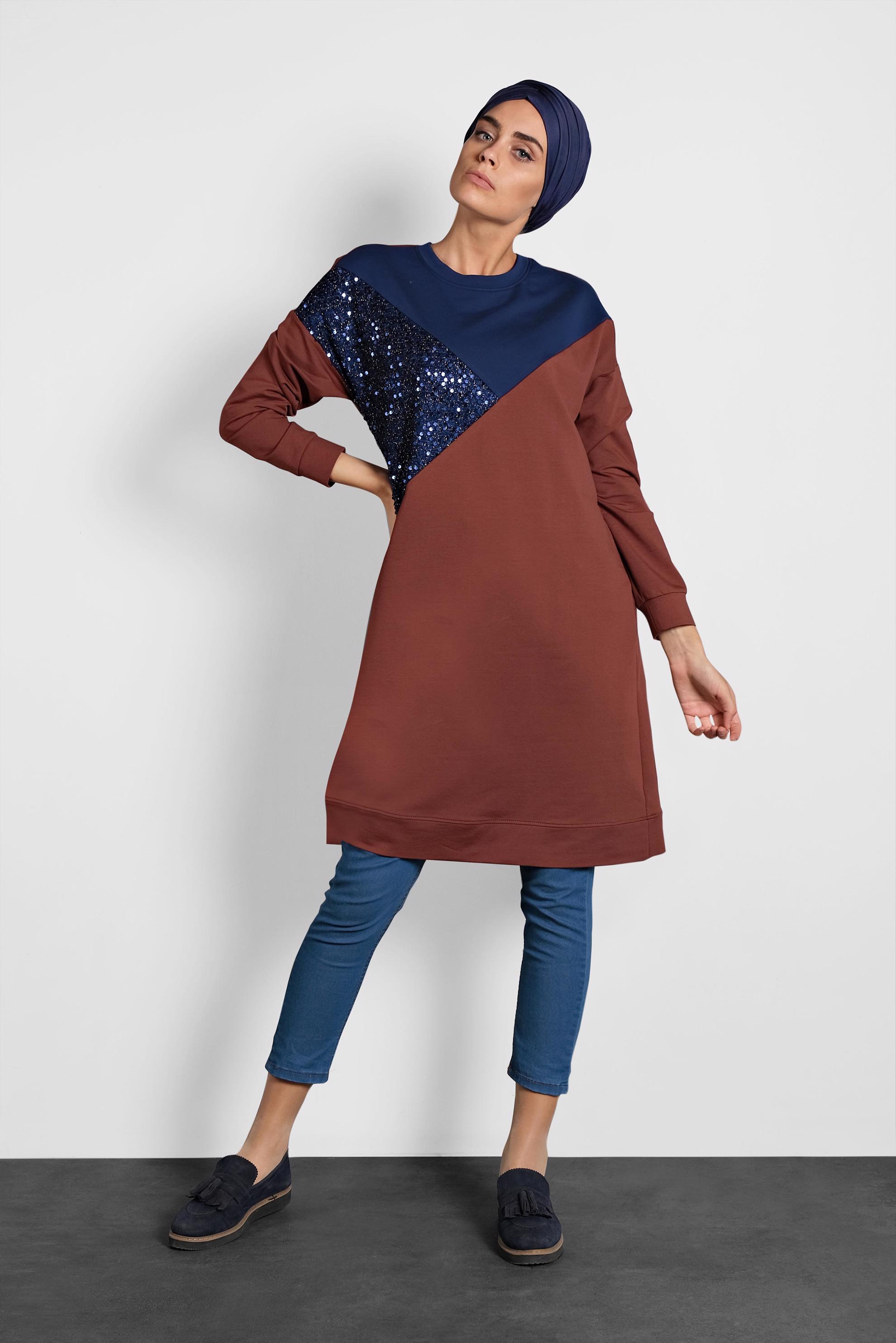 Tesettür giyim BORDO PUL PAYETLİ EŞOFMAN TUNİK 40103	