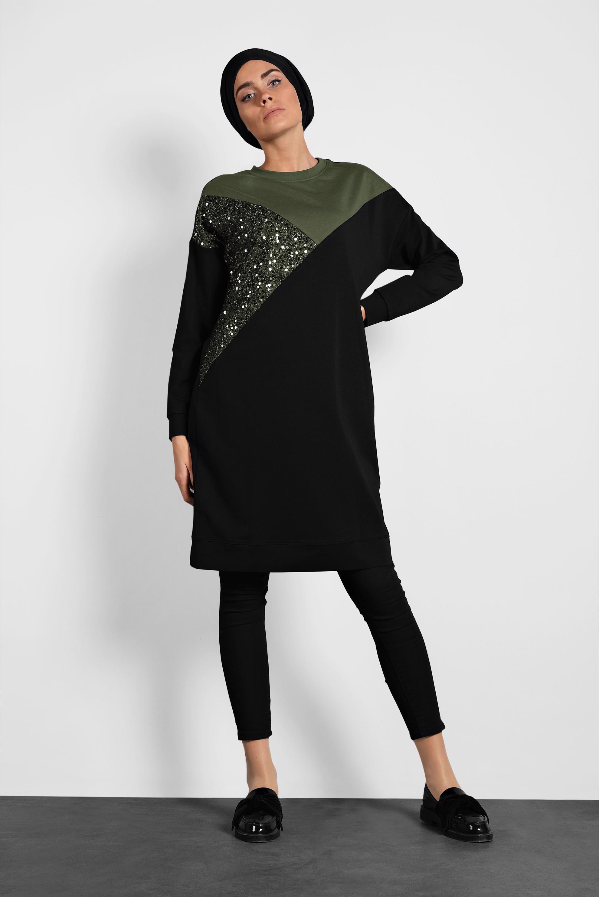 Tesettür giyim SİYAH PUL PAYETLİ EŞOFMAN TUNİK 40103	