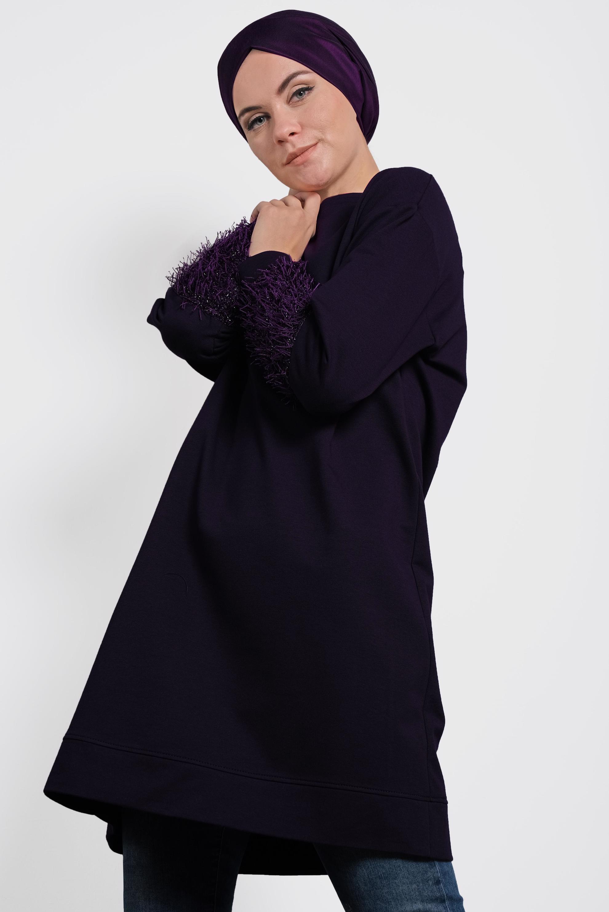 Tesettür giyim MOR KOLLARI SAÇAK DETAYLI SALAŞ TUNİK 40104 