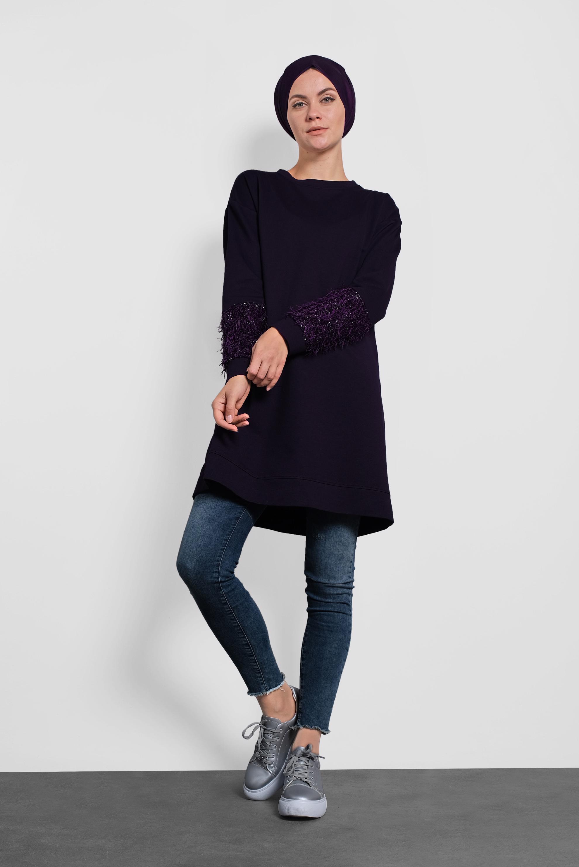 Tesettür giyim MOR KOLLARI SAÇAK DETAYLI SALAŞ TUNİK 40104 