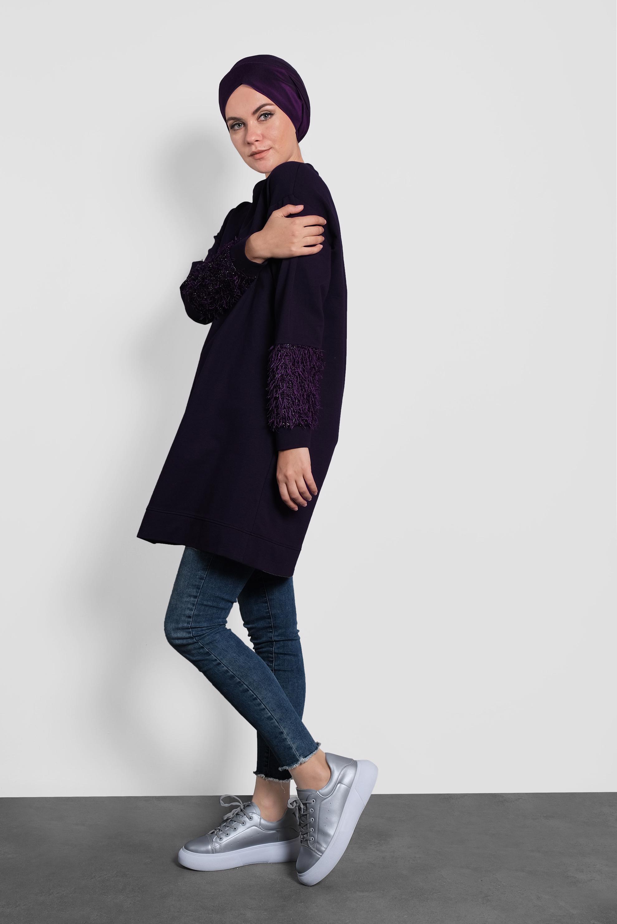 Tesettür giyim MOR KOLLARI SAÇAK DETAYLI SALAŞ TUNİK 40104 