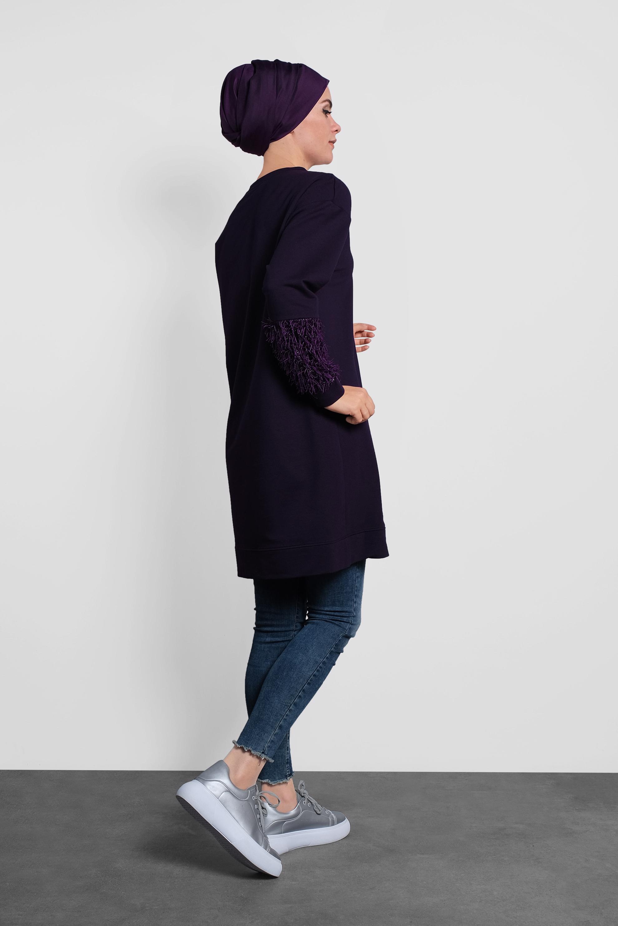 Tesettür giyim MOR KOLLARI SAÇAK DETAYLI SALAŞ TUNİK 40104 