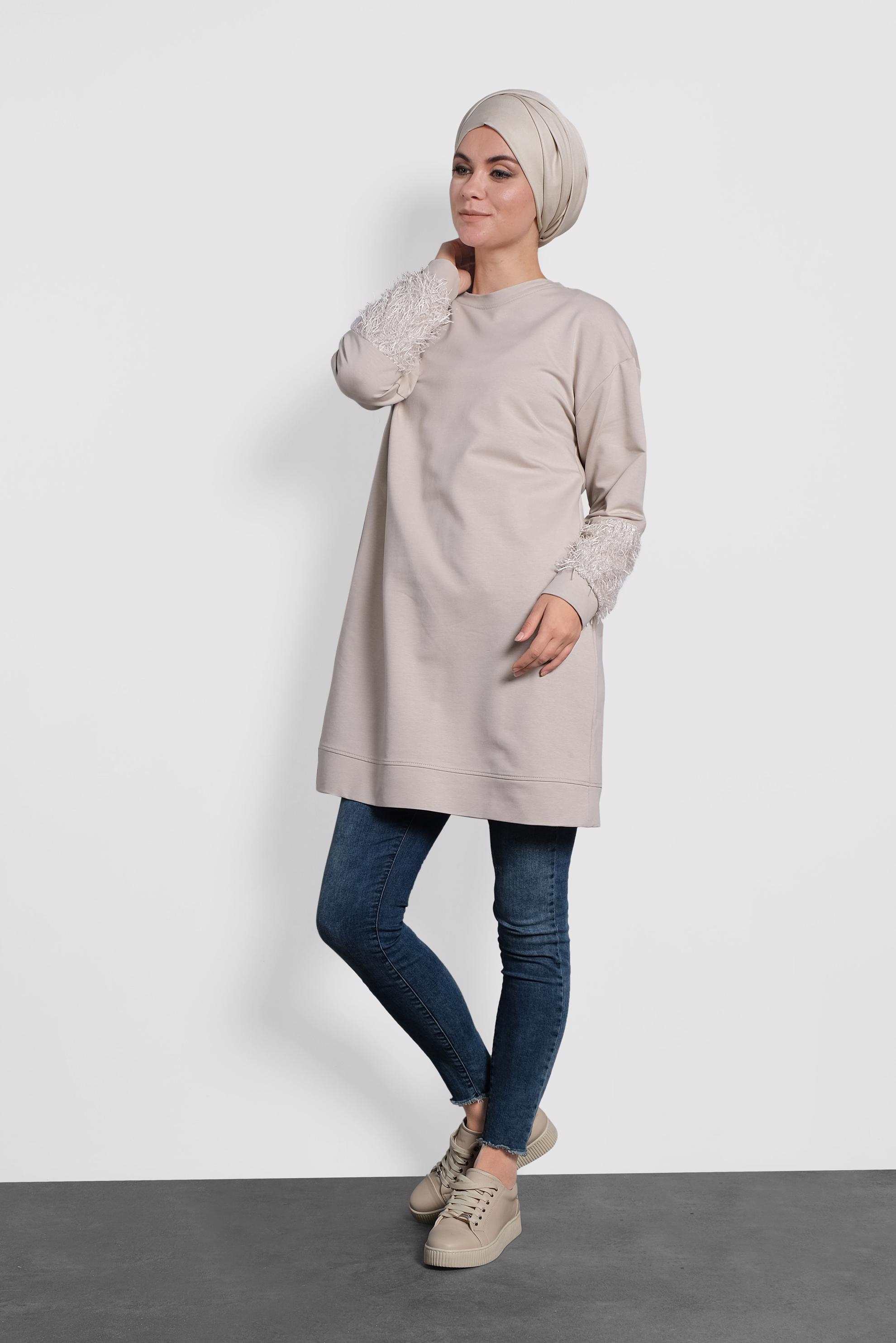 Tesettür giyim BEJ KOLLARI SAÇAK DETAYLI SALAŞ TUNİK 40104 