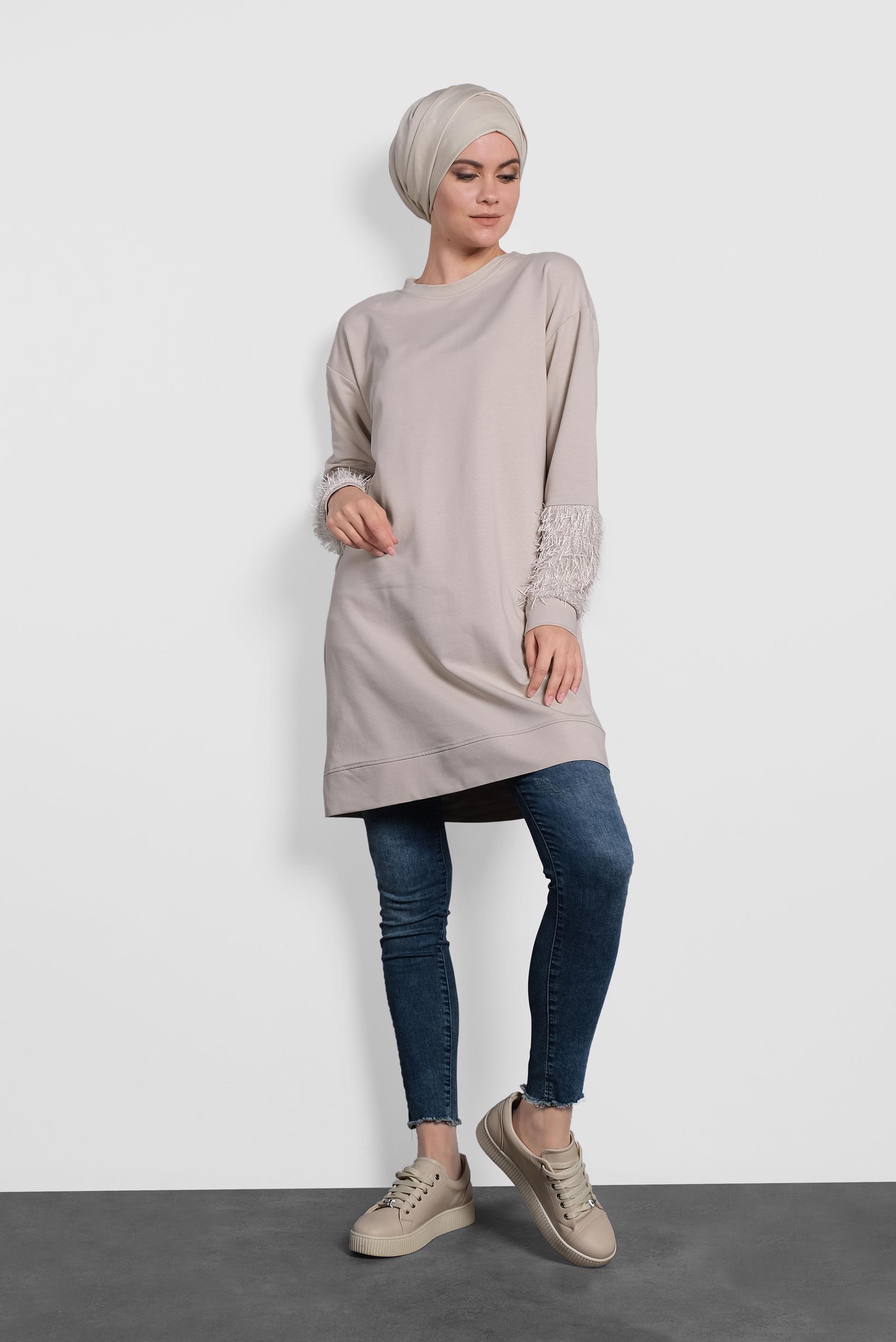 Tesettür giyim BEJ KOLLARI SAÇAK DETAYLI SALAŞ TUNİK 40104 