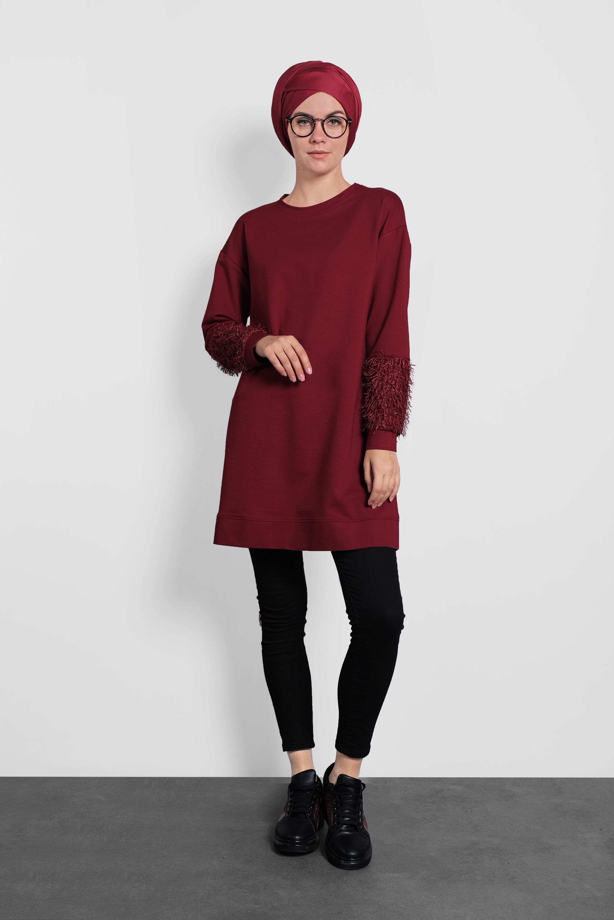 Tesettür giyim BORDO KOLLARI SAÇAK DETAYLI SALAŞ TUNİK 40104 