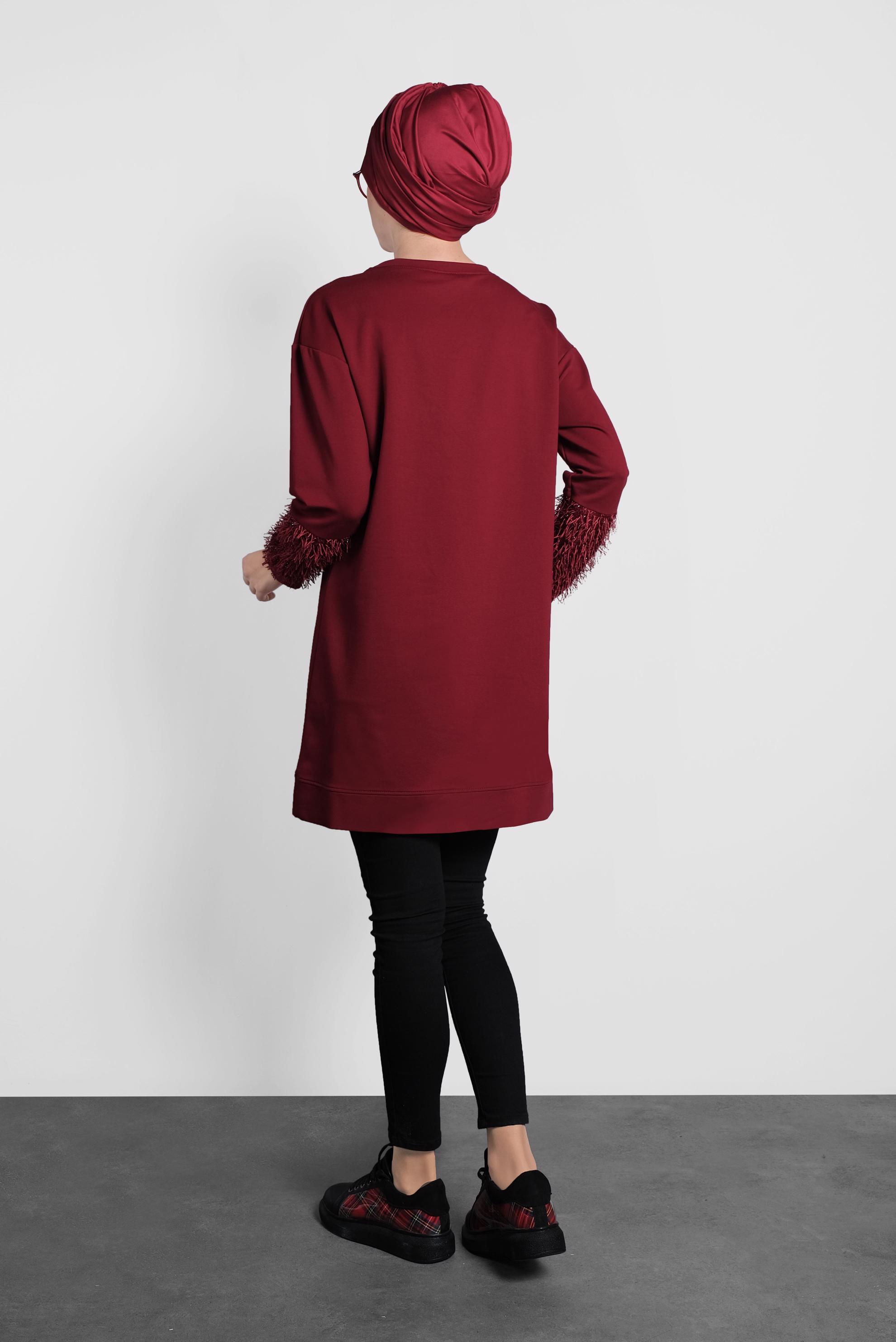 Tesettür giyim BORDO KOLLARI SAÇAK DETAYLI SALAŞ TUNİK 40104 