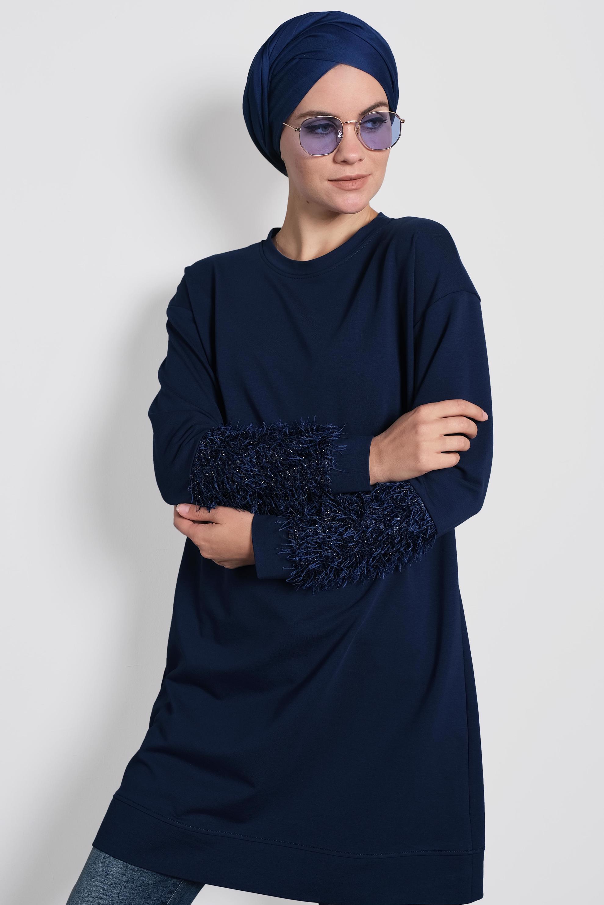 Tesettür giyim LACİVERT KOLLARI SAÇAK DETAYLI SALAŞ TUNİK 40104 