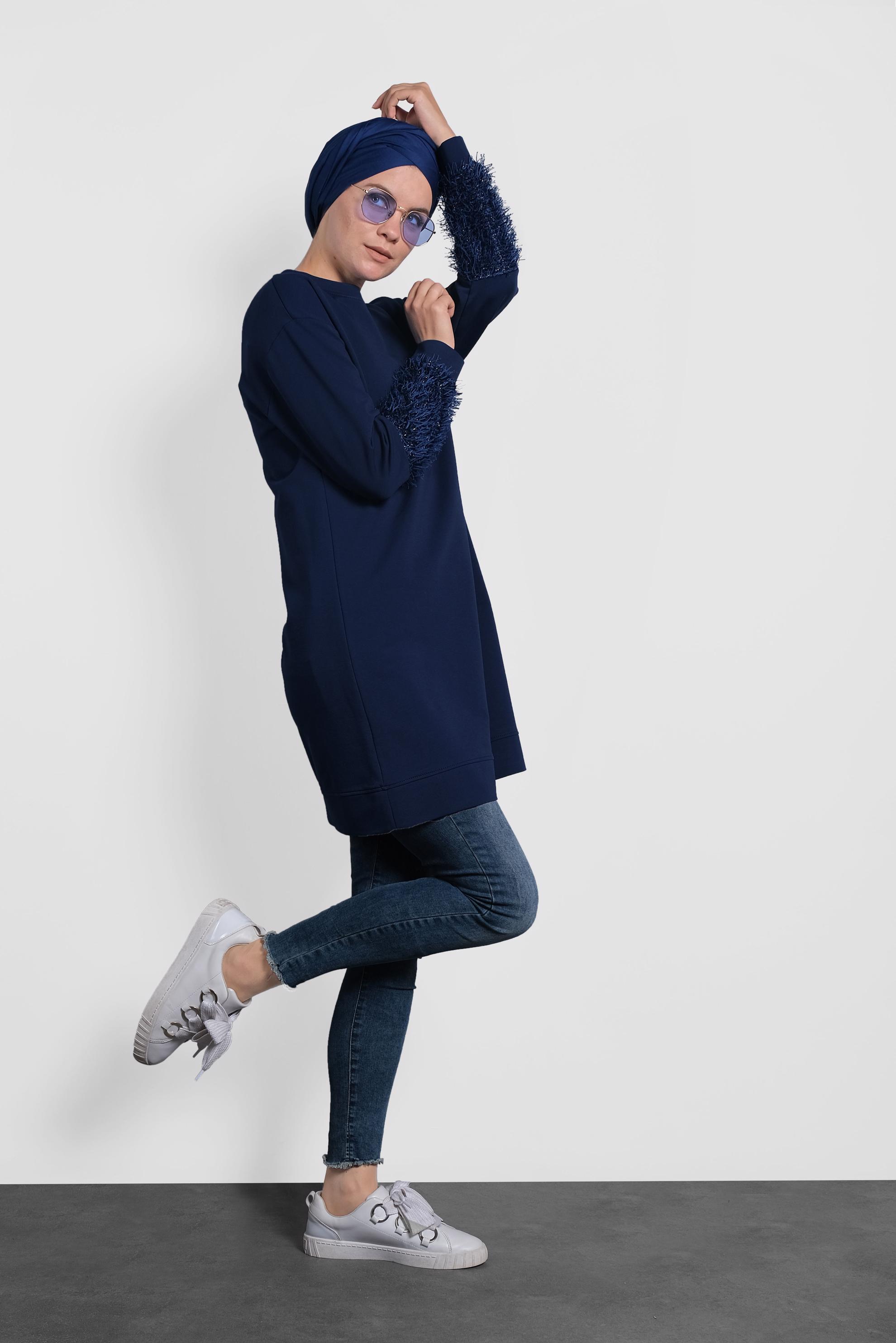 Tesettür giyim LACİVERT KOLLARI SAÇAK DETAYLI SALAŞ TUNİK 40104 