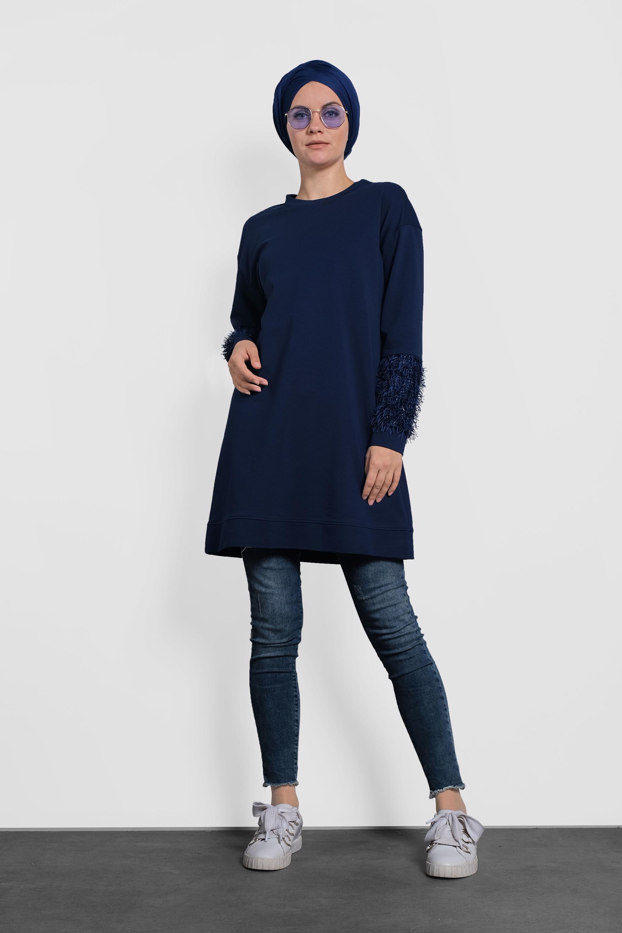 Tesettür giyim LACİVERT KOLLARI SAÇAK DETAYLI SALAŞ TUNİK 40104 