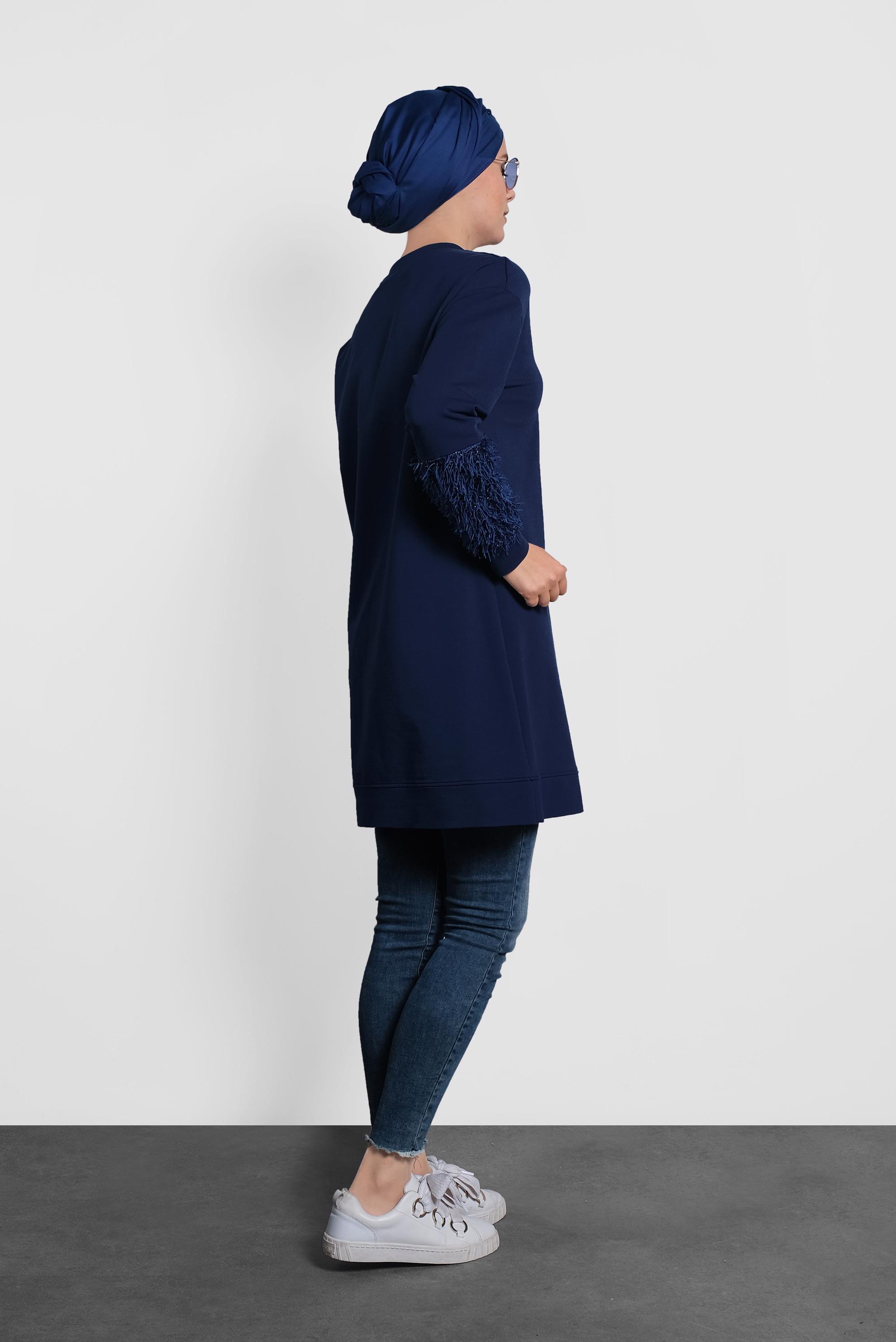 Tesettür giyim LACİVERT KOLLARI SAÇAK DETAYLI SALAŞ TUNİK 40104 