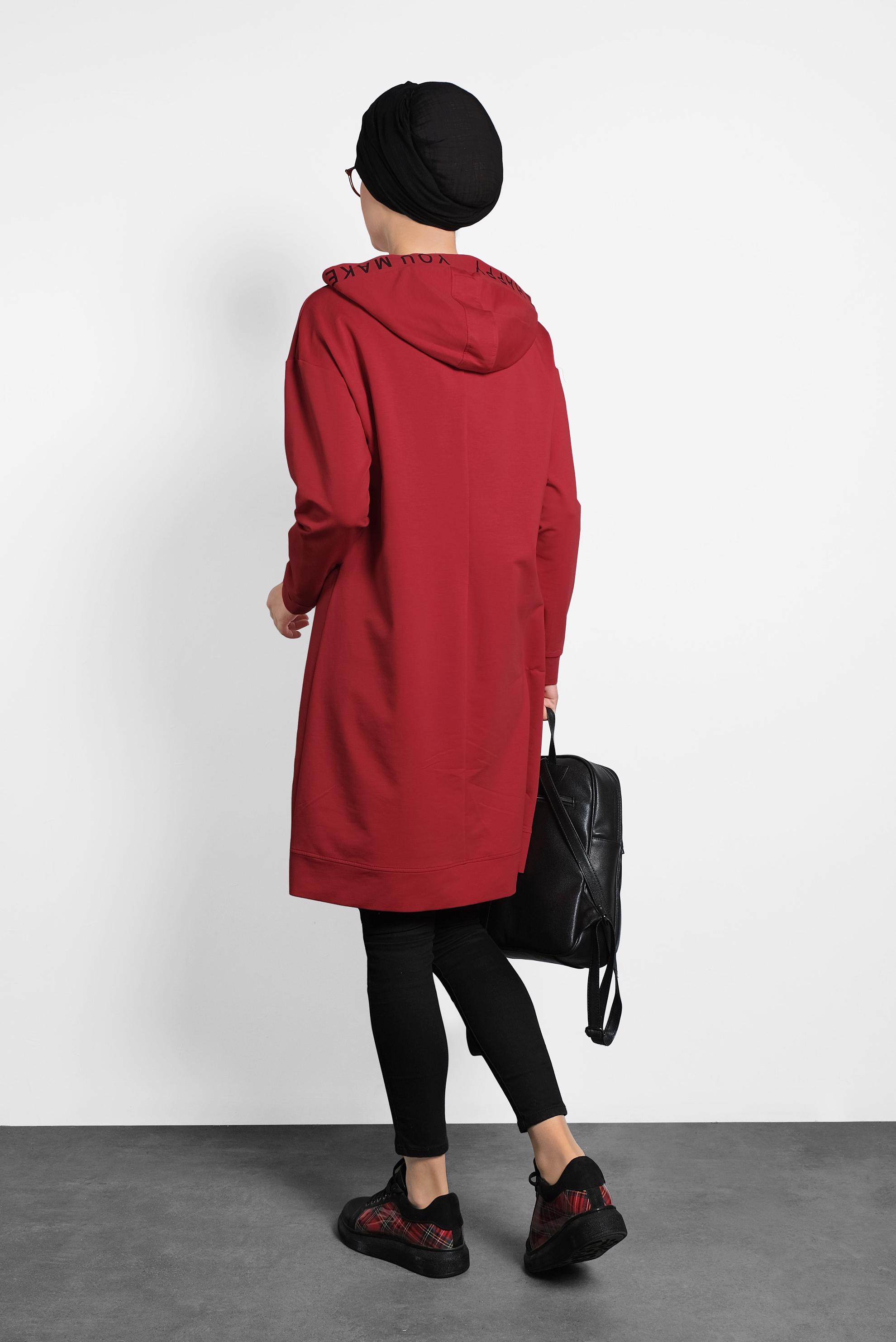 Tesettür giyim KIRMIZI KAPÜŞONLU EŞOFMAN TUNİK 40106