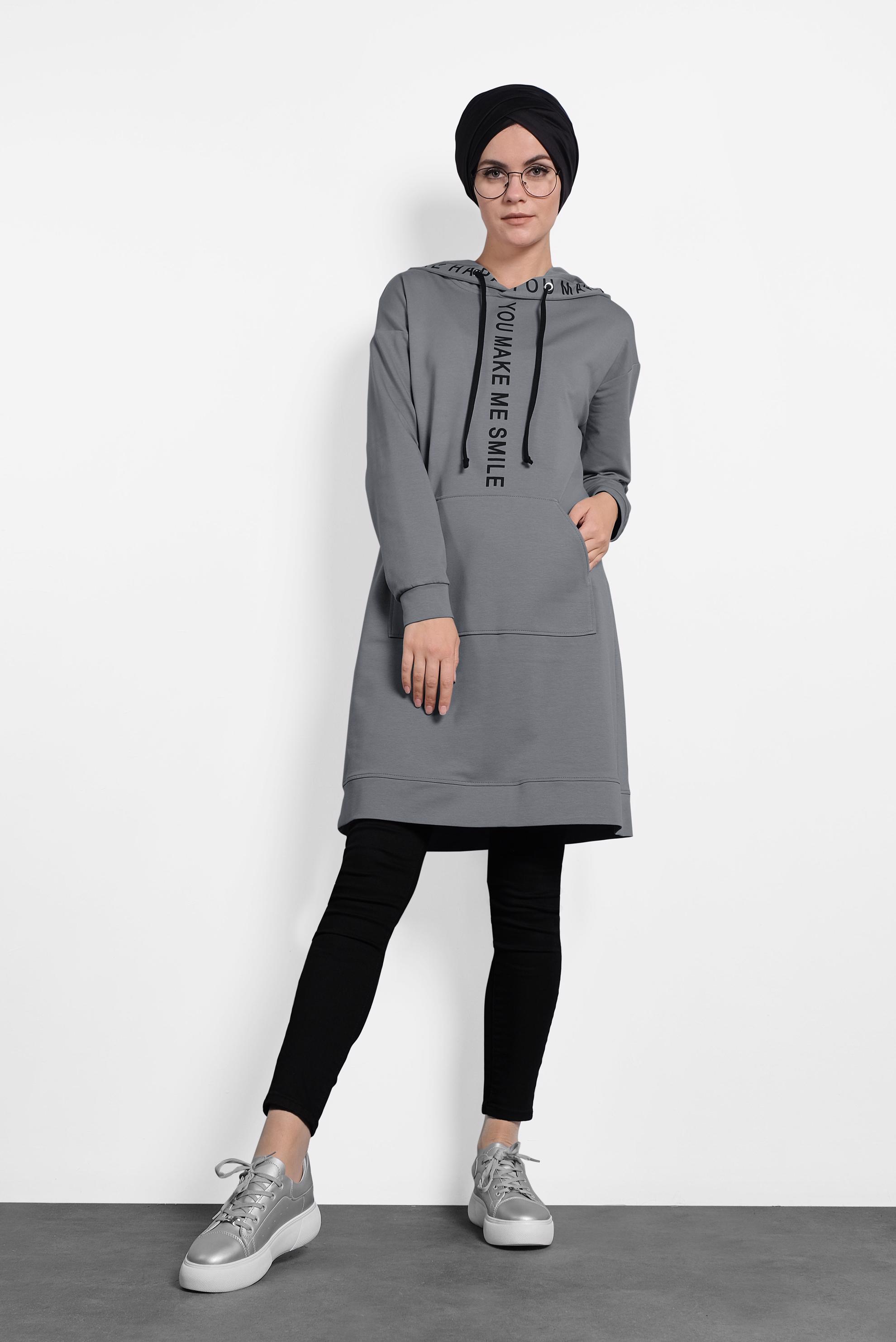 Tesettür giyim GRİ KAPÜŞONLU EŞOFMAN TUNİK 40106