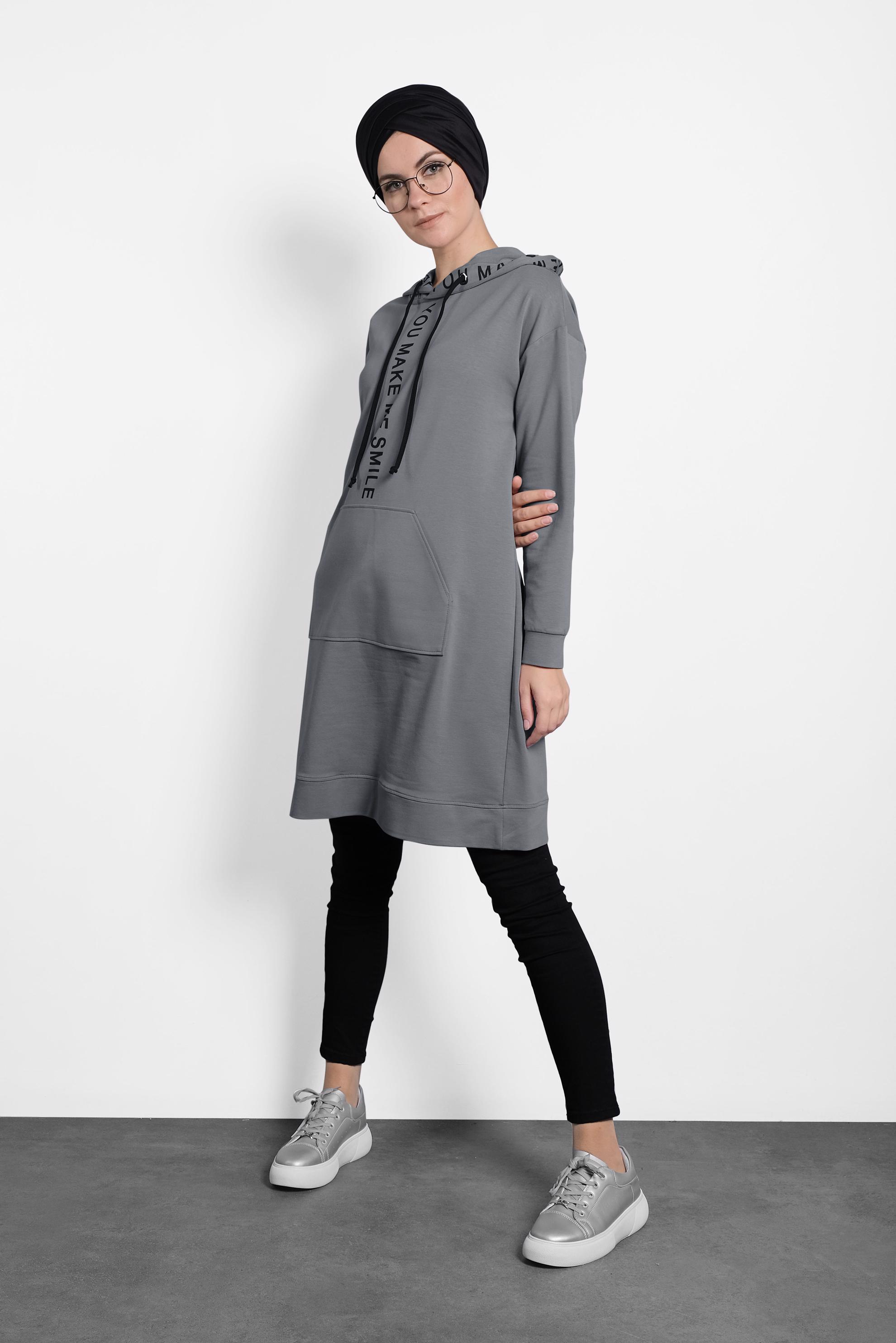 Tesettür giyim GRİ KAPÜŞONLU EŞOFMAN TUNİK 40106