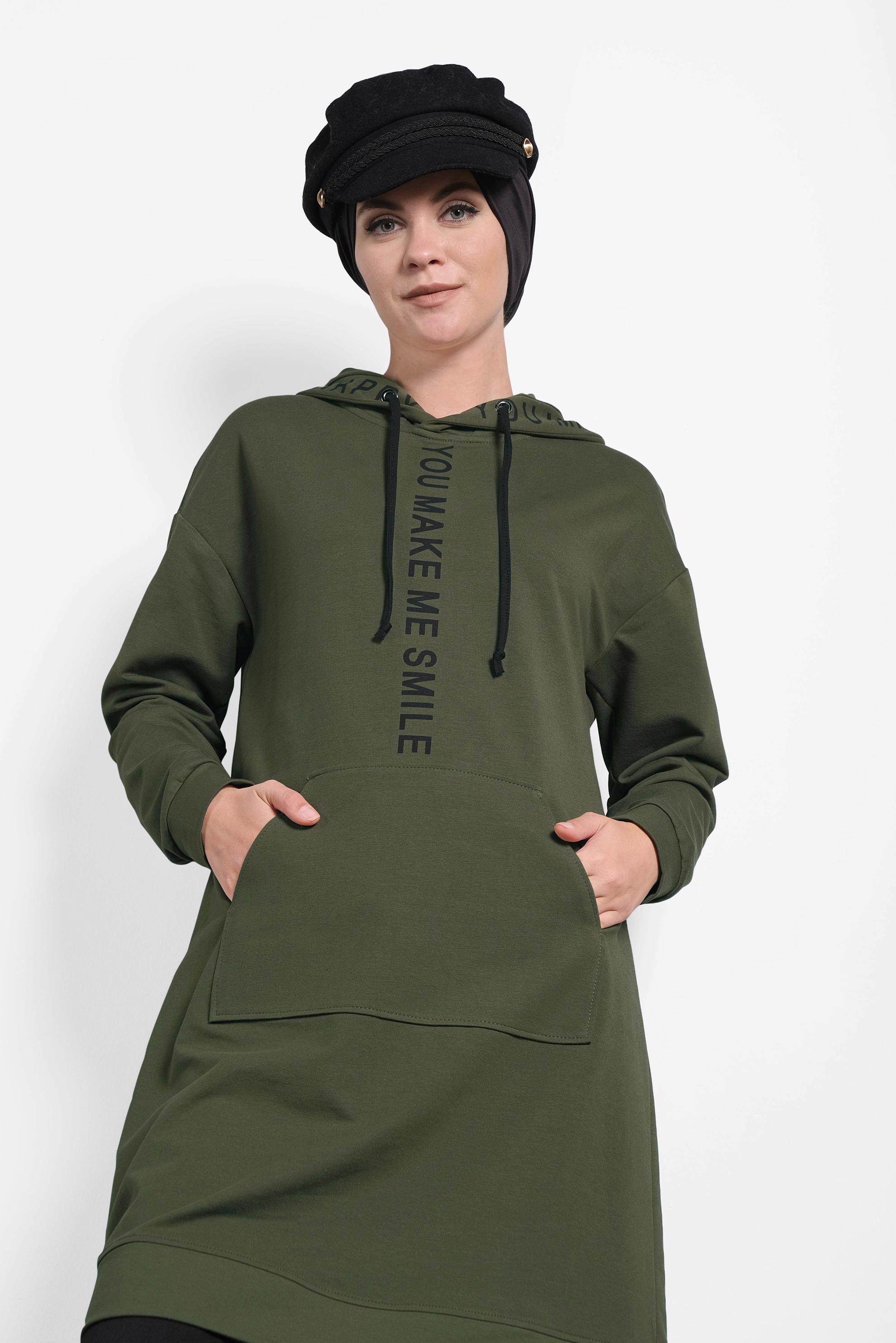 Tesettür giyim HAKİ KAPÜŞONLU EŞOFMAN TUNİK 40106