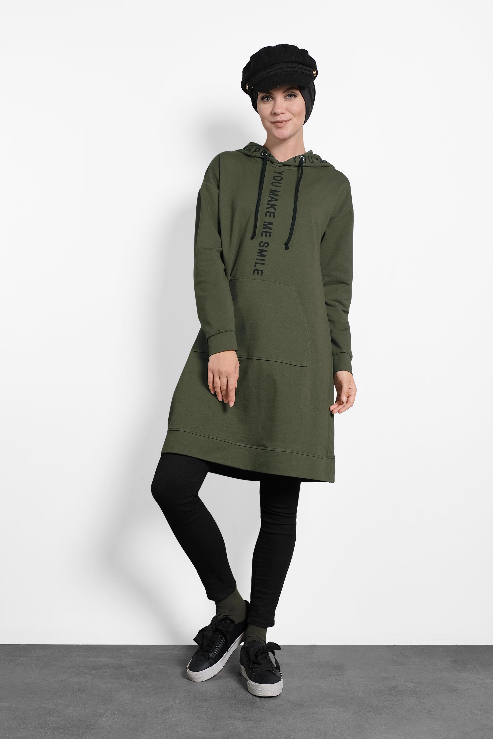 Tesettür giyim HAKİ KAPÜŞONLU EŞOFMAN TUNİK 40106