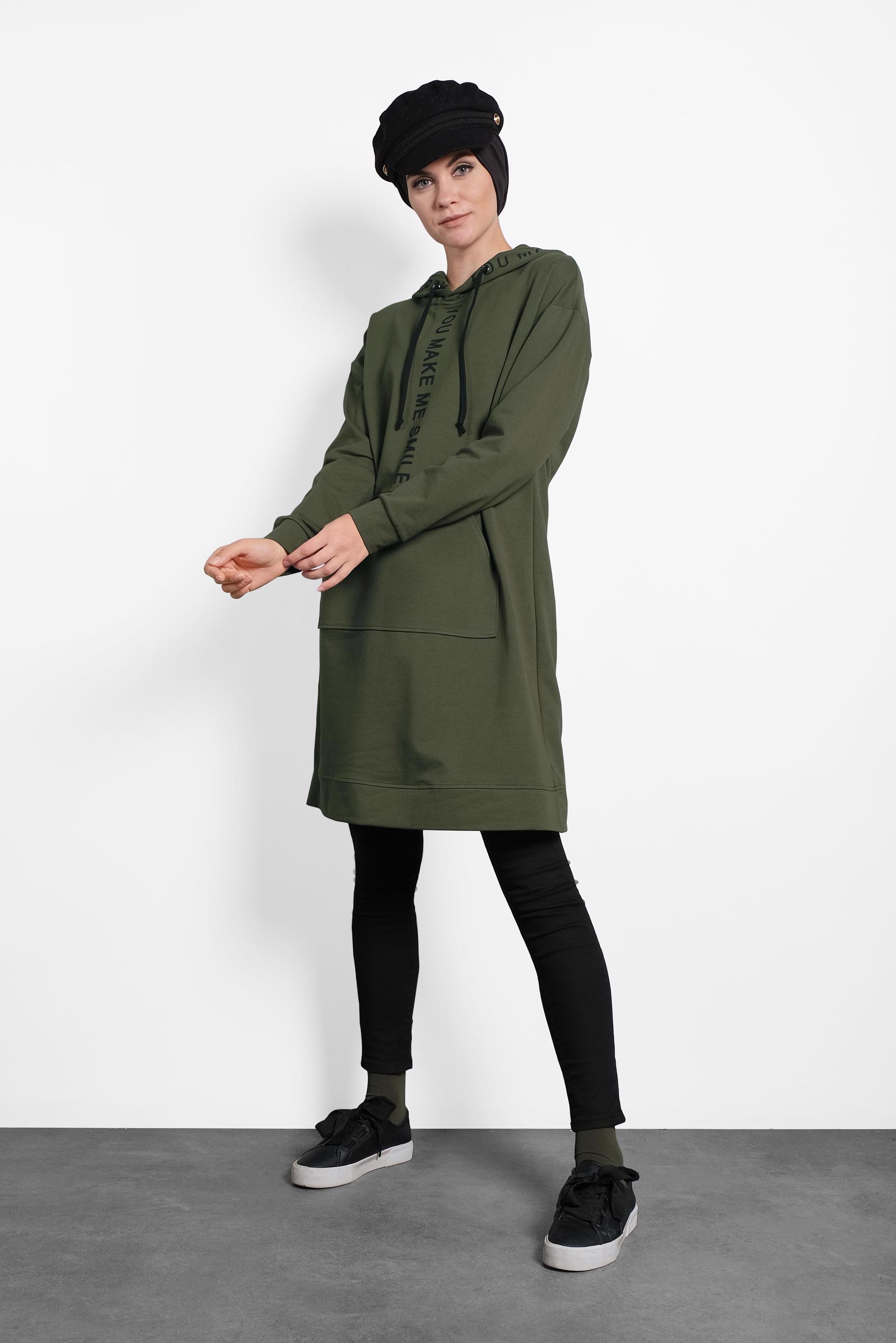 Tesettür giyim HAKİ KAPÜŞONLU EŞOFMAN TUNİK 40106