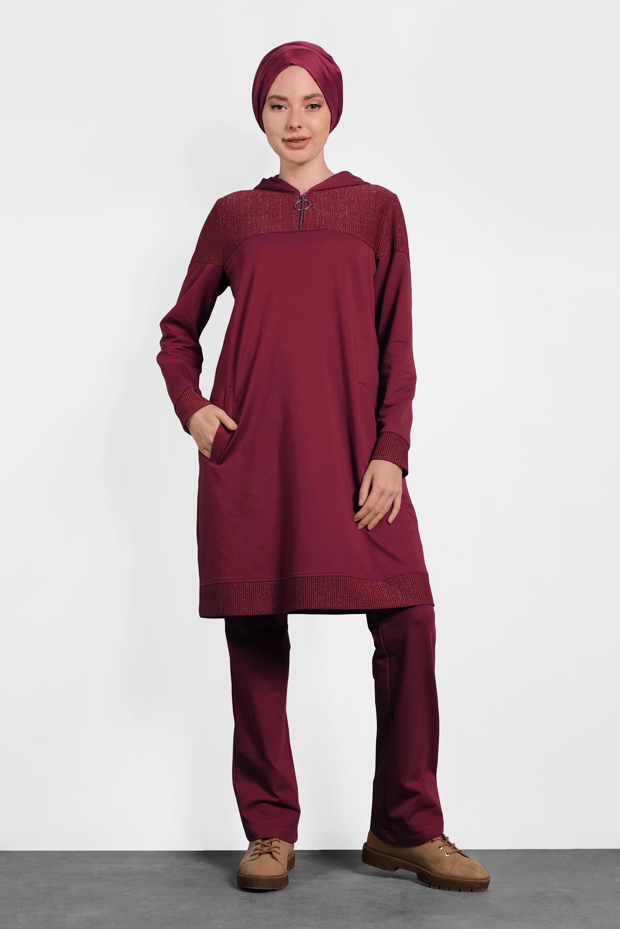 Tesettür giyim BORDO CEPLİ SİMLİ İKİLİ PANTOLONLU TAKIM 40107