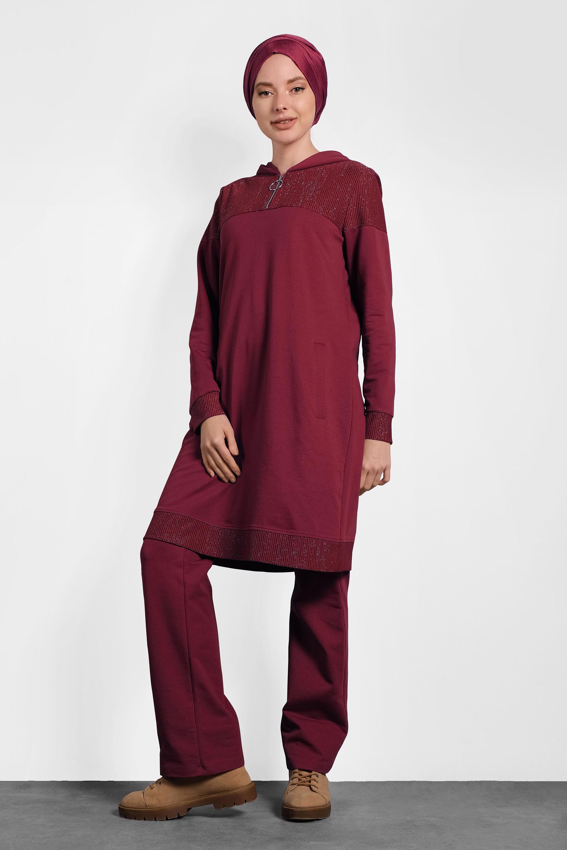 Tesettür giyim BORDO CEPLİ SİMLİ İKİLİ PANTOLONLU TAKIM 40107