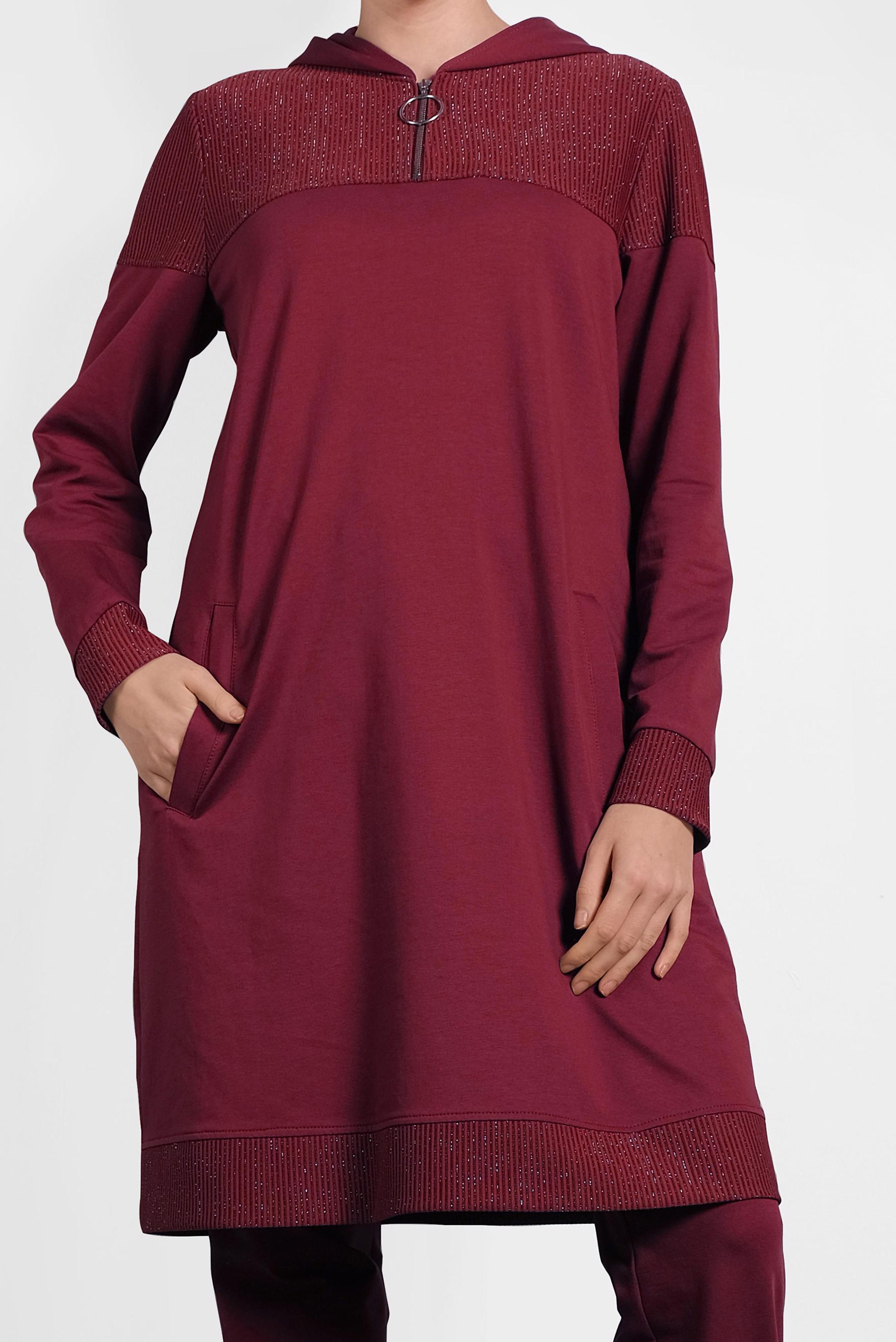 Tesettür giyim BORDO CEPLİ SİMLİ İKİLİ PANTOLONLU TAKIM 40107