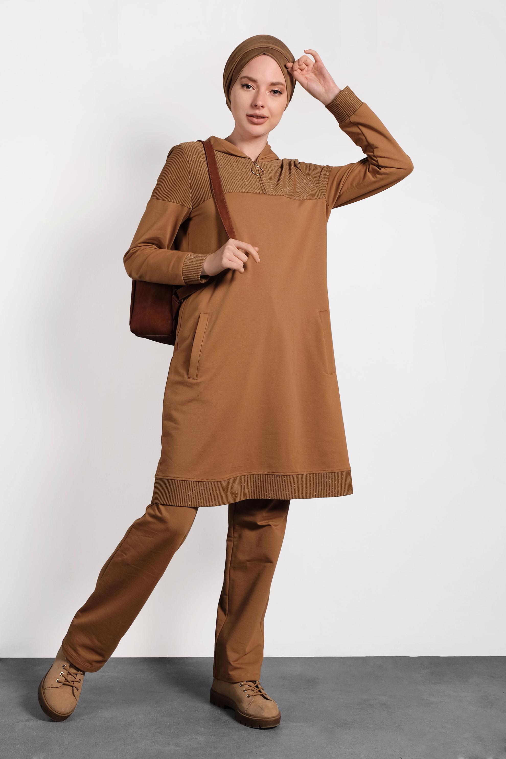 Tesettür giyim SARI CEPLİ SİMLİ İKİLİ PANTOLONLU TAKIM 40107