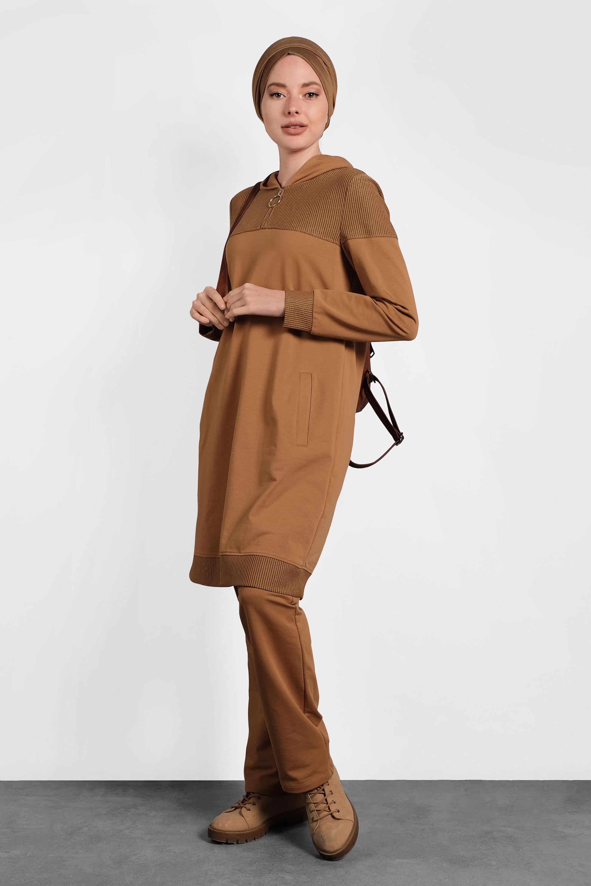 Tesettür giyim SARI CEPLİ SİMLİ İKİLİ PANTOLONLU TAKIM 40107