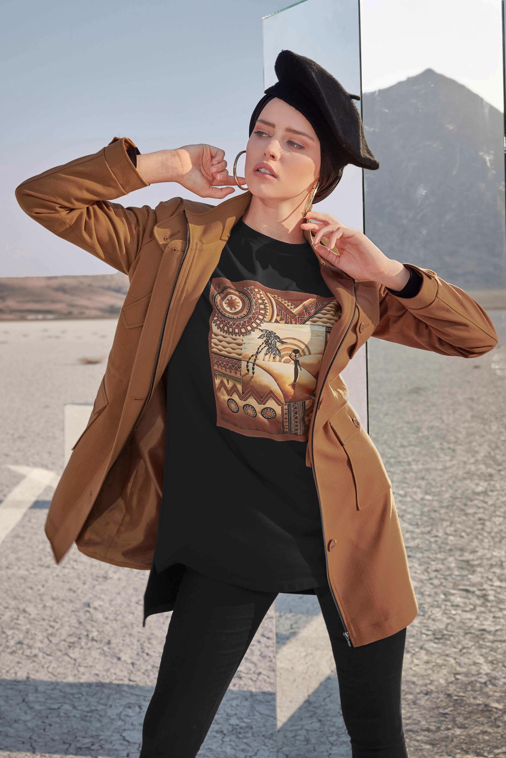 Tesettür giyim SİYAH BASKI DETAYLI EŞOFMAN TUNİK 40156 