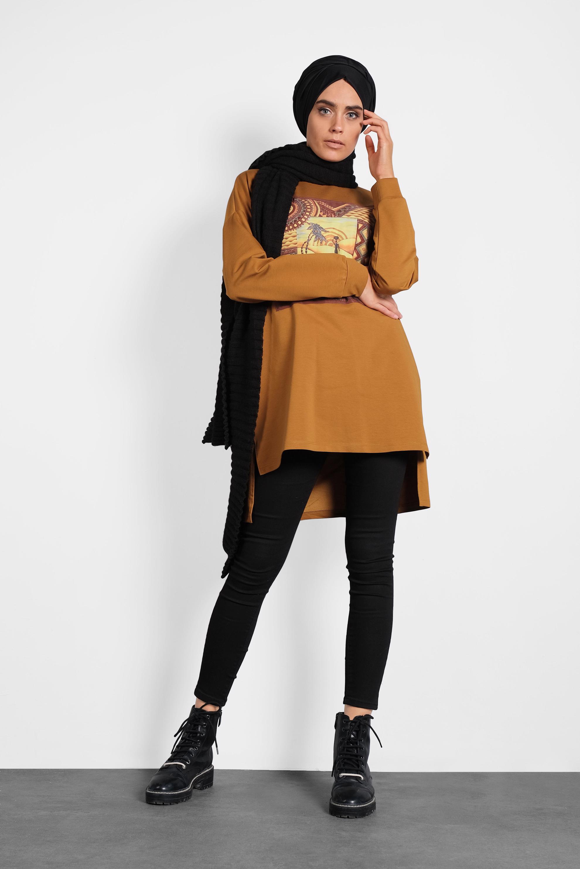 Tesettür giyim SARI BASKI DETAYLI EŞOFMAN TUNİK 40156 