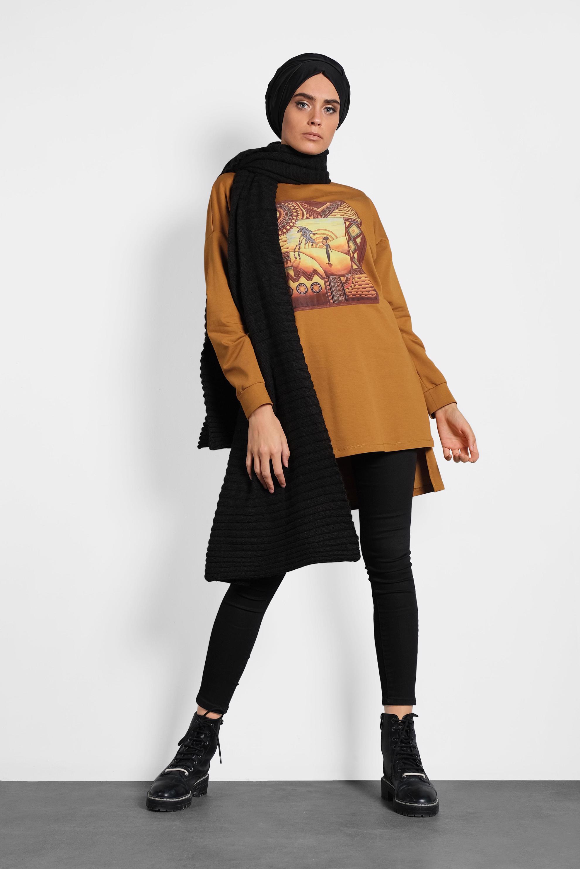 Tesettür giyim SARI BASKI DETAYLI EŞOFMAN TUNİK 40156 