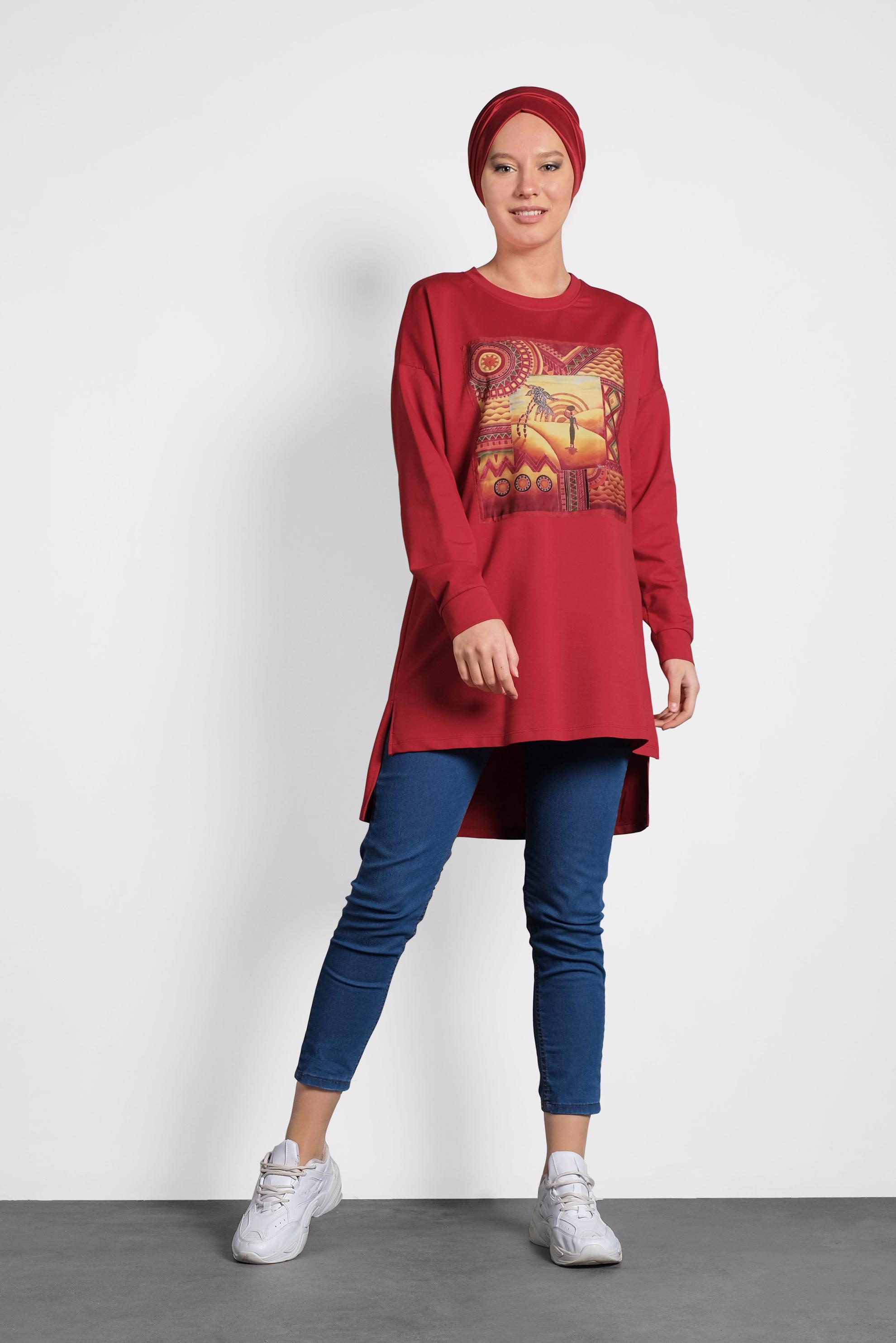 Tesettür giyim BORDO BASKI DETAYLI EŞOFMAN TUNİK 40156 