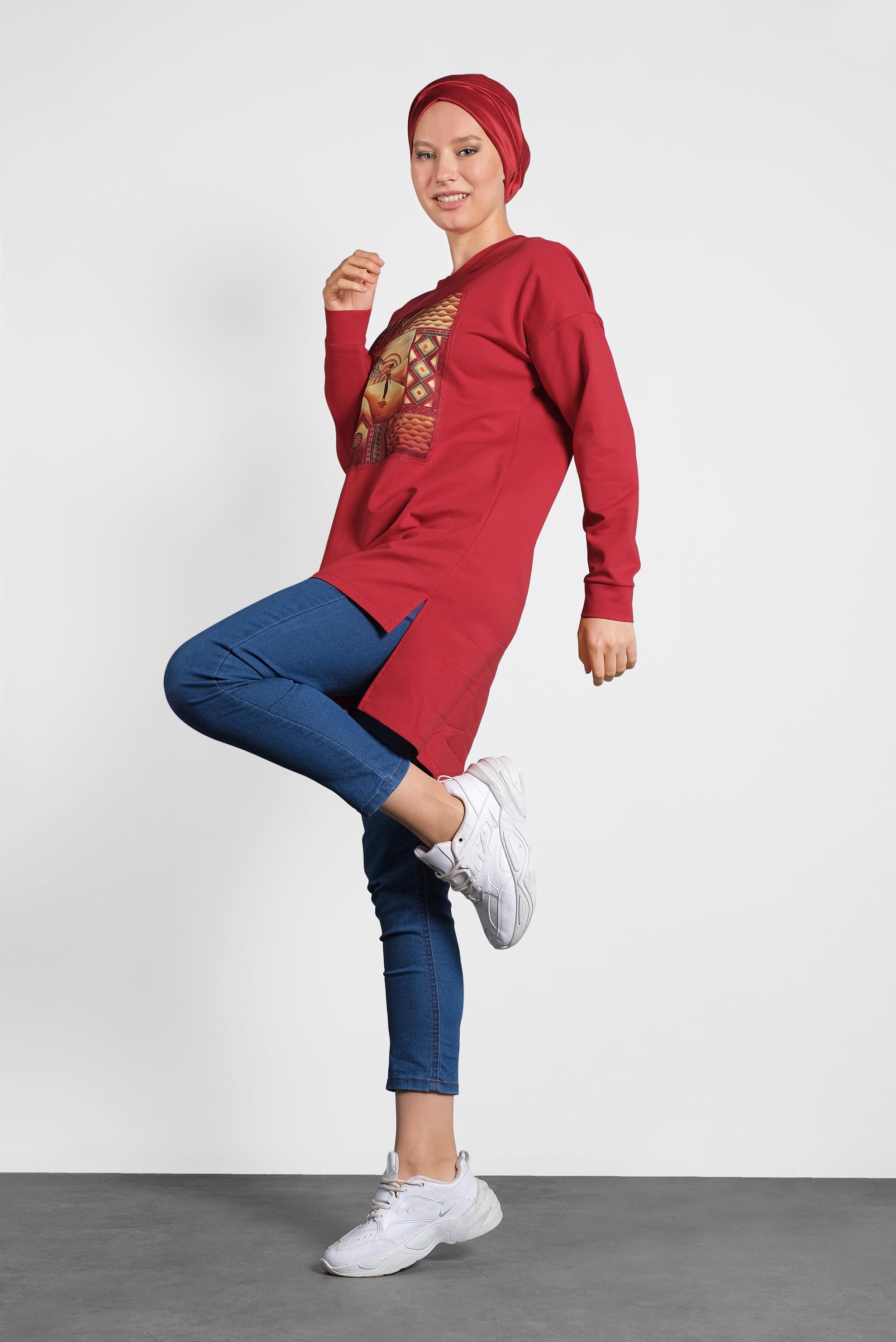 Tesettür giyim BORDO BASKI DETAYLI EŞOFMAN TUNİK 40156 