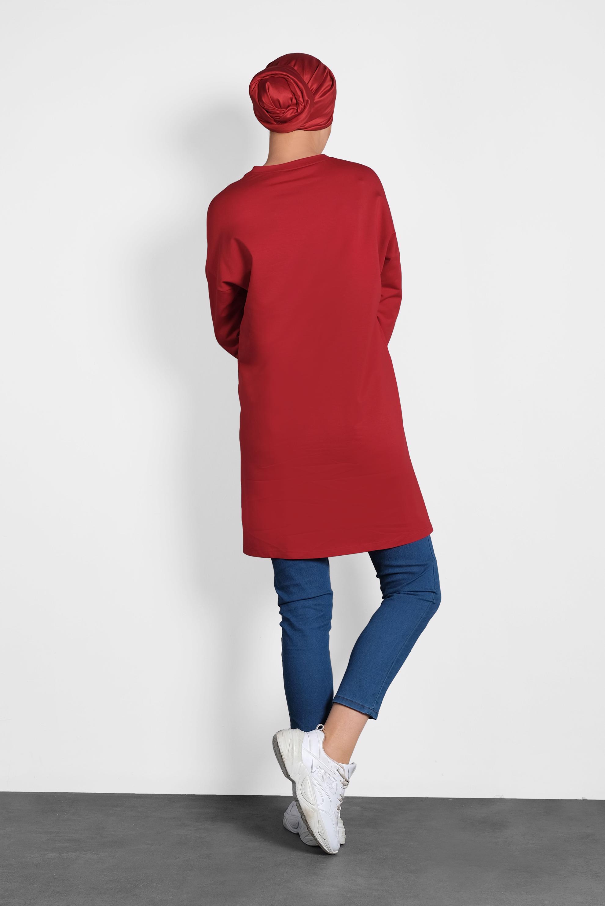 Tesettür giyim BORDO BASKI DETAYLI EŞOFMAN TUNİK 40156 