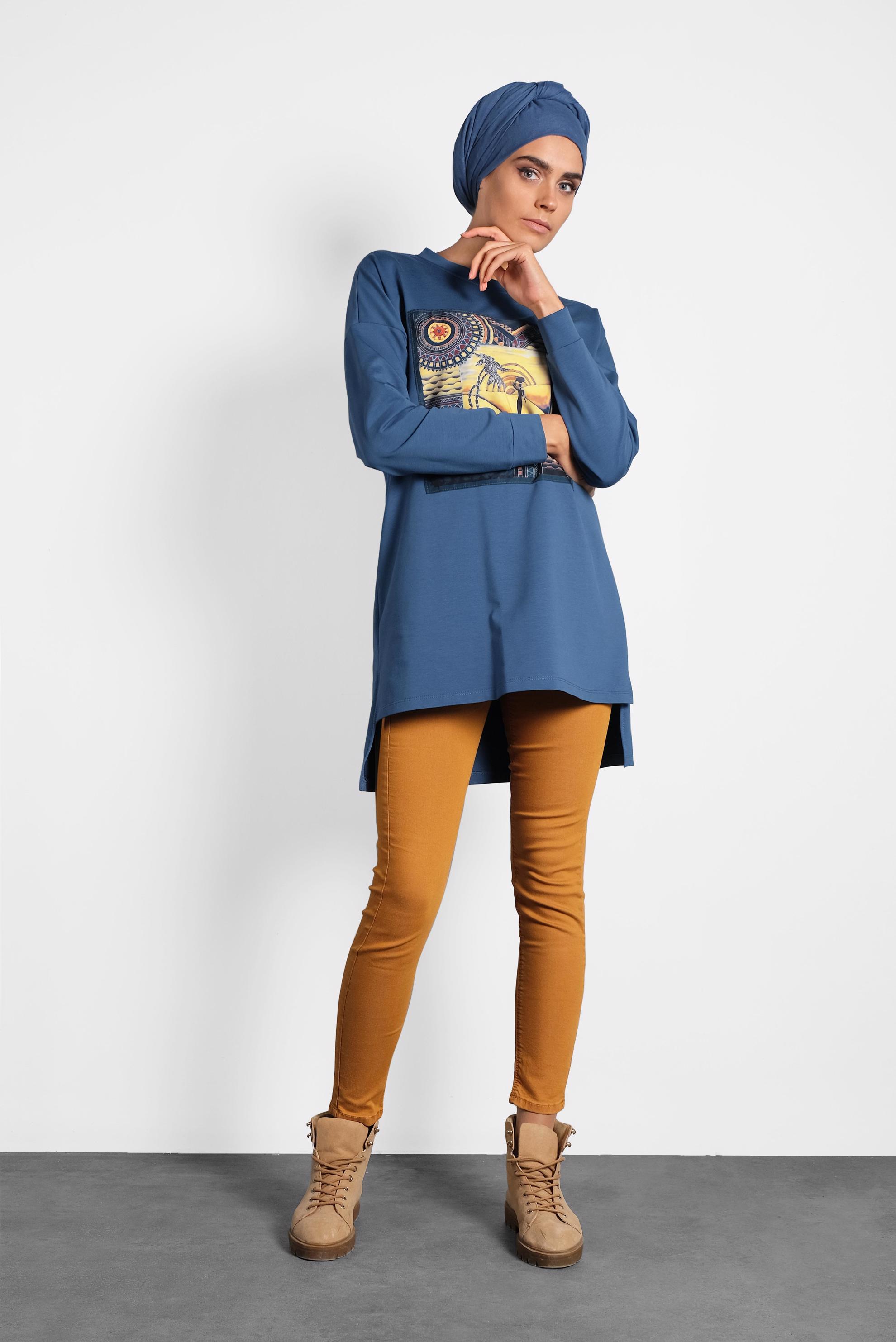 Tesettür giyim LACİVERT BASKI DETAYLI EŞOFMAN TUNİK 40156 