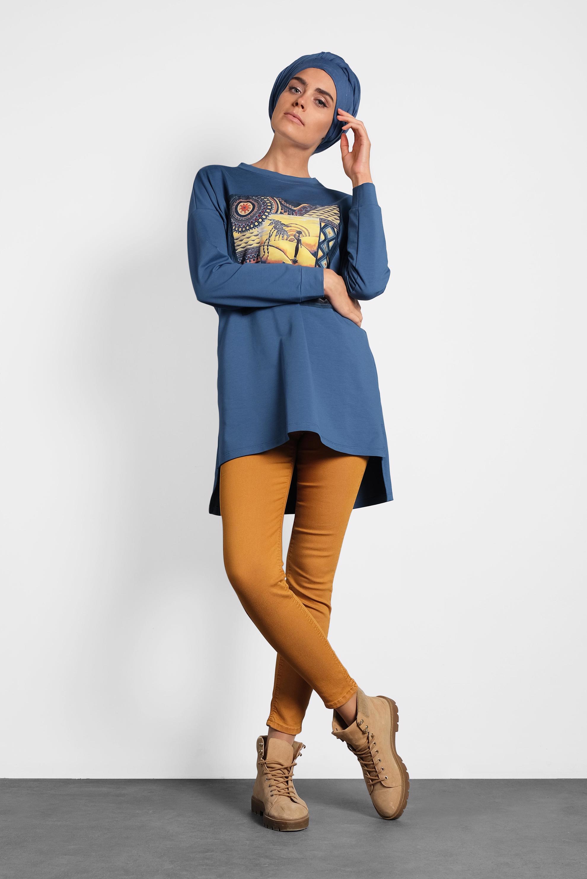 Tesettür giyim LACİVERT BASKI DETAYLI EŞOFMAN TUNİK 40156 