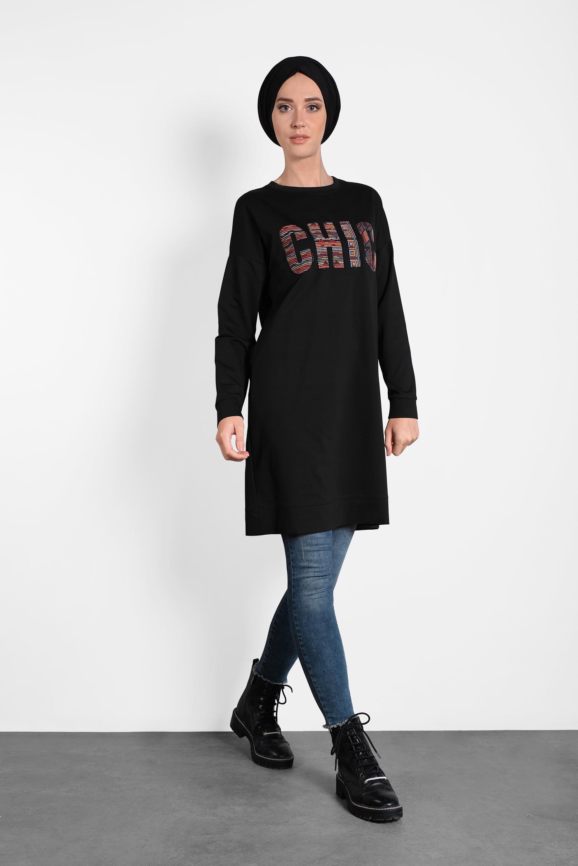 Tesettür giyim SİYAH BASKI DETAYLI EŞOFMAN TUNİK 40159 